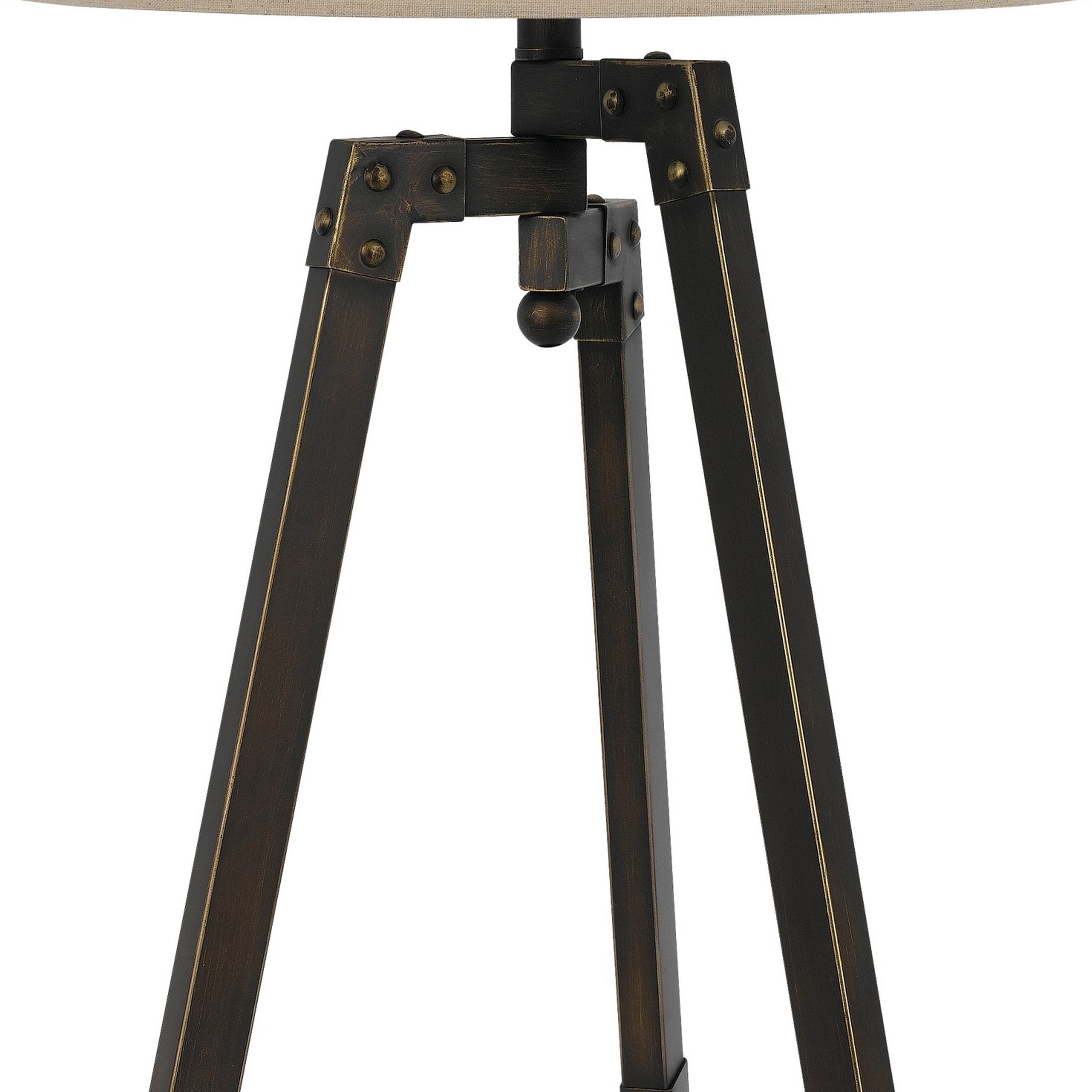 Benjara Metal Tripod Base Table Lamp with Fabric Drum Shade, Bronze And Beige