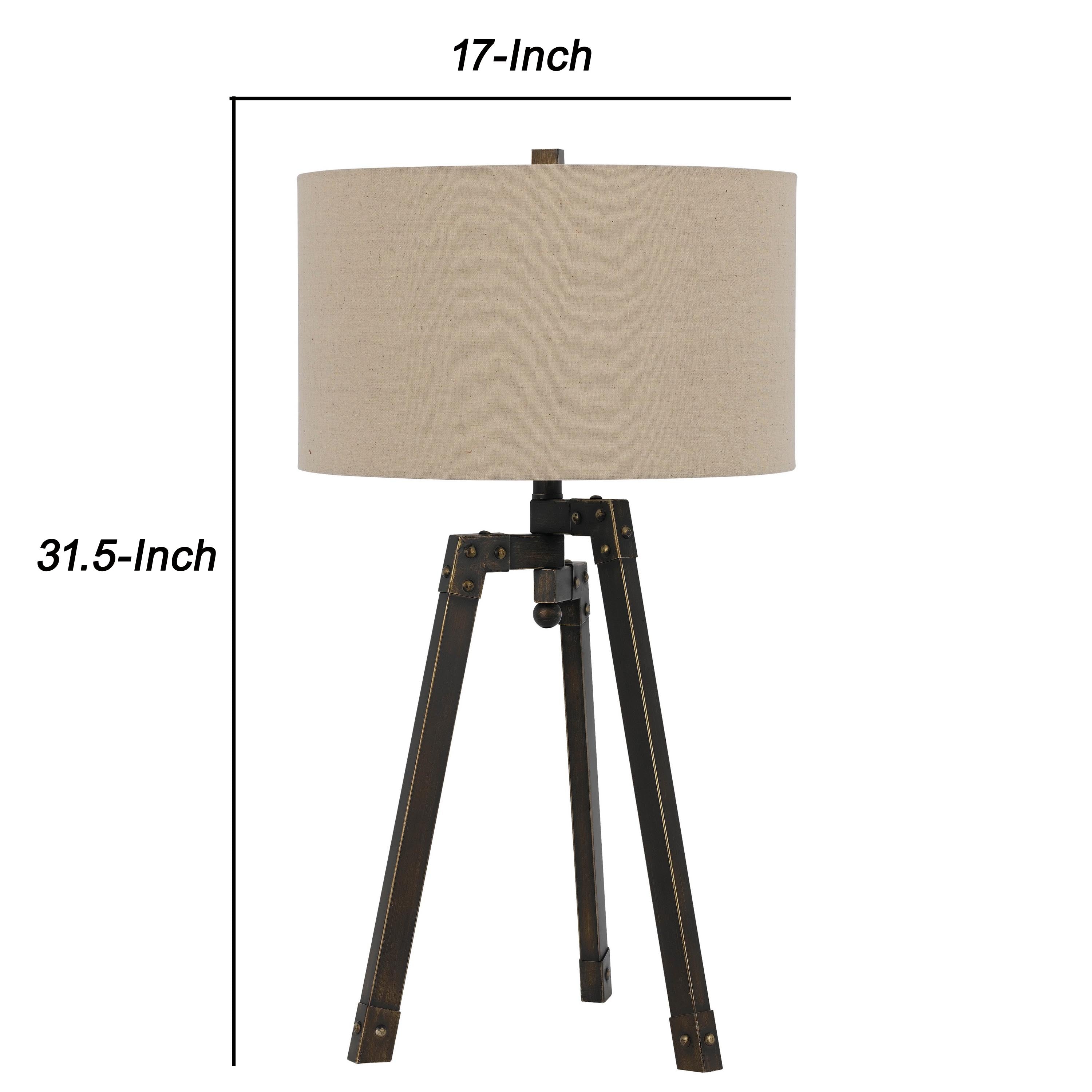 Benjara Metal Tripod Base Table Lamp with Fabric Drum Shade, Bronze And Beige