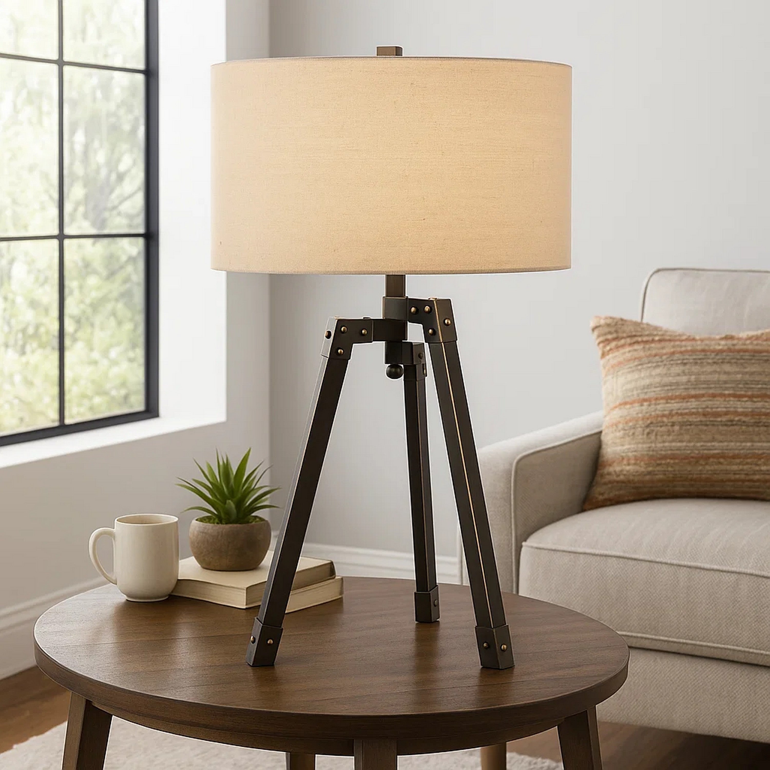 Benjara Metal Tripod Base Table Lamp with Fabric Drum Shade, Bronze And Beige