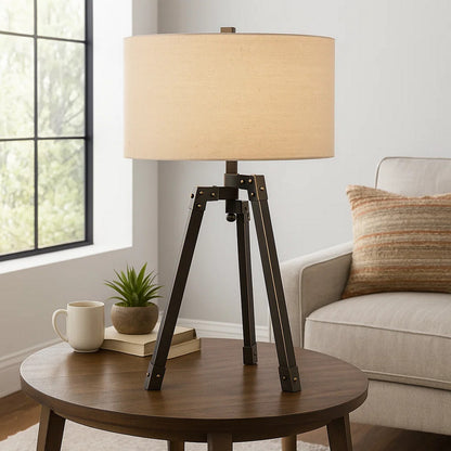 Benjara Metal Tripod Base Table Lamp with Fabric Drum Shade, Bronze And Beige