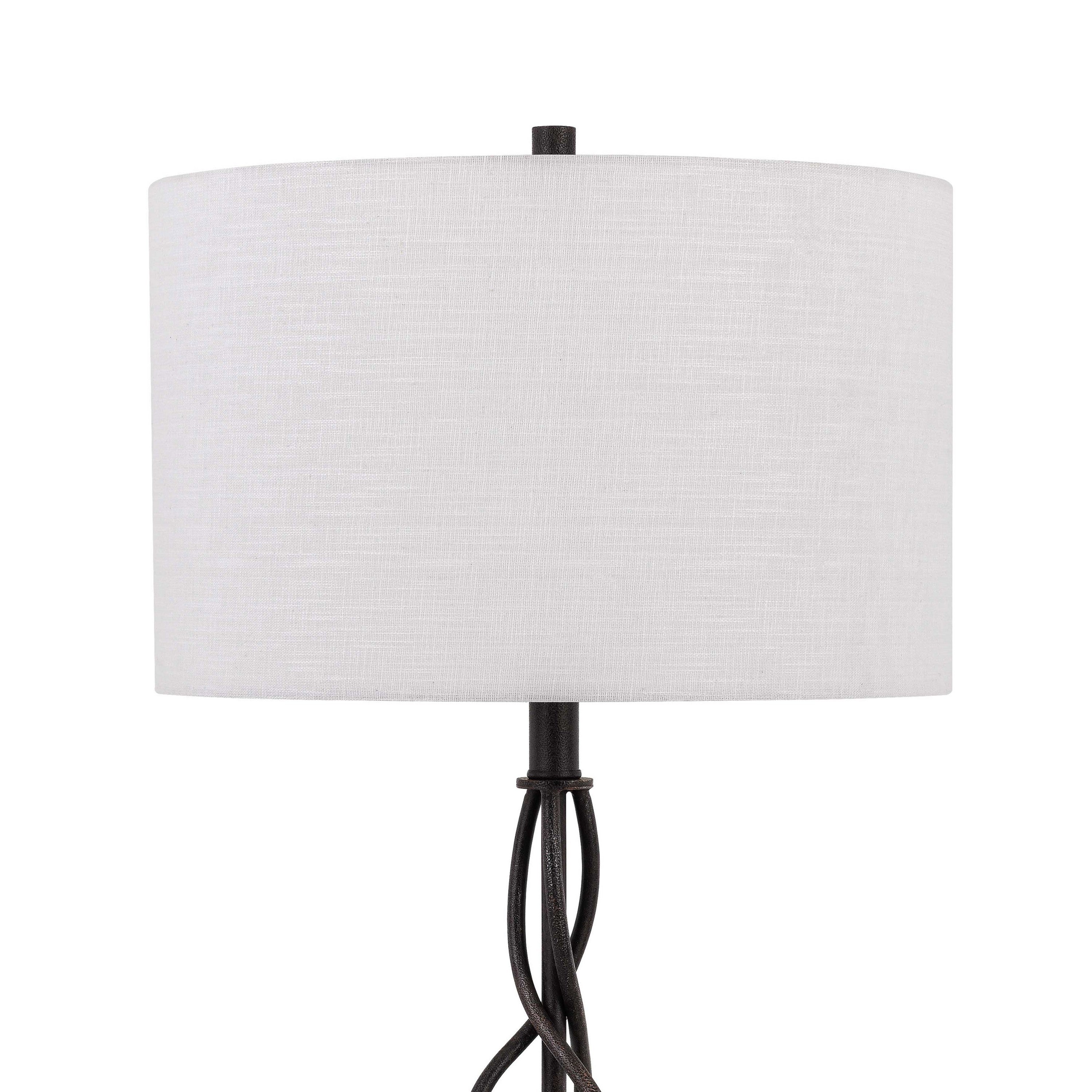 Benjara Round Fabric Shade Table Lamp, Metal Spiral Base, White, Textured Bronze