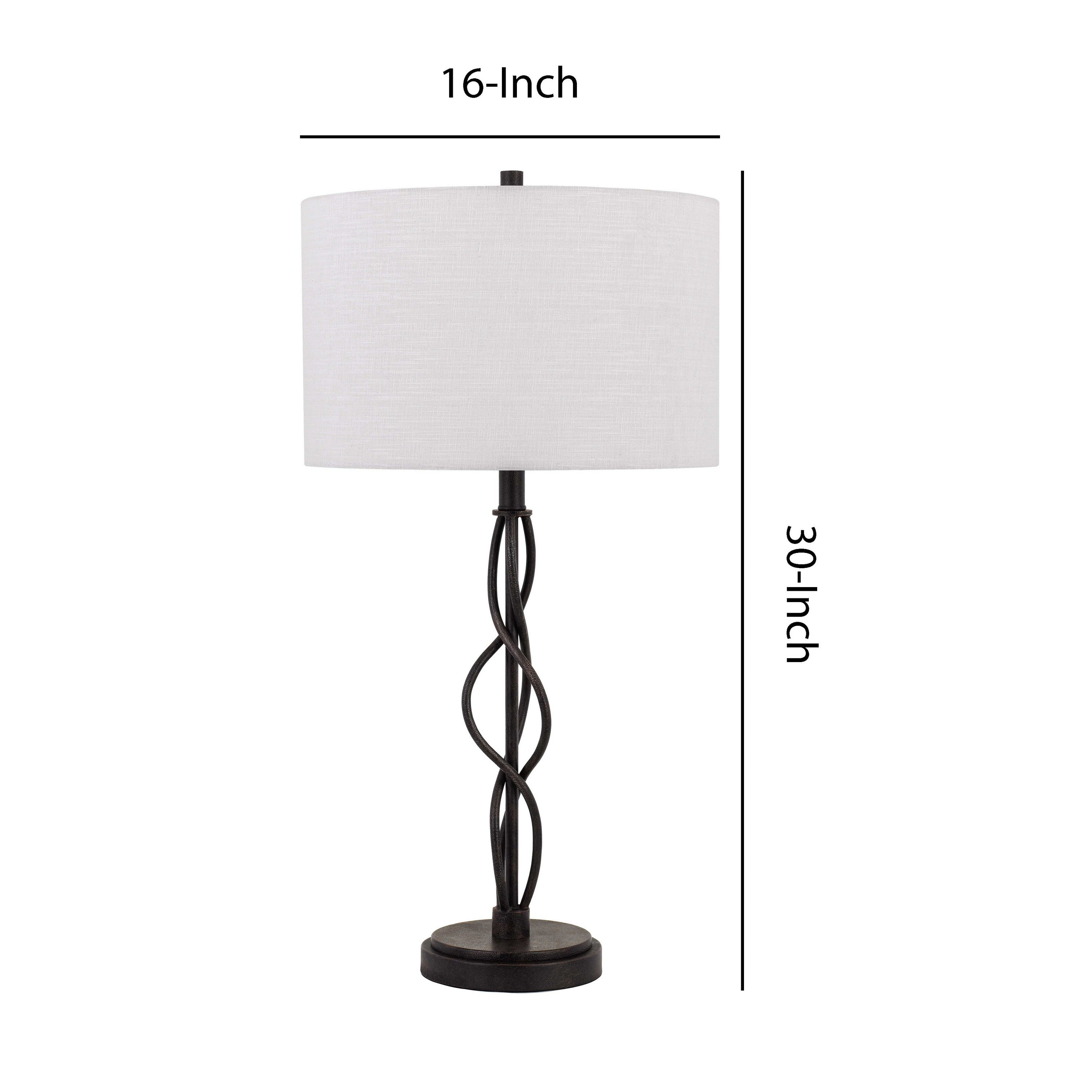 Benjara Round Fabric Shade Table Lamp, Metal Spiral Base, White, Textured Bronze