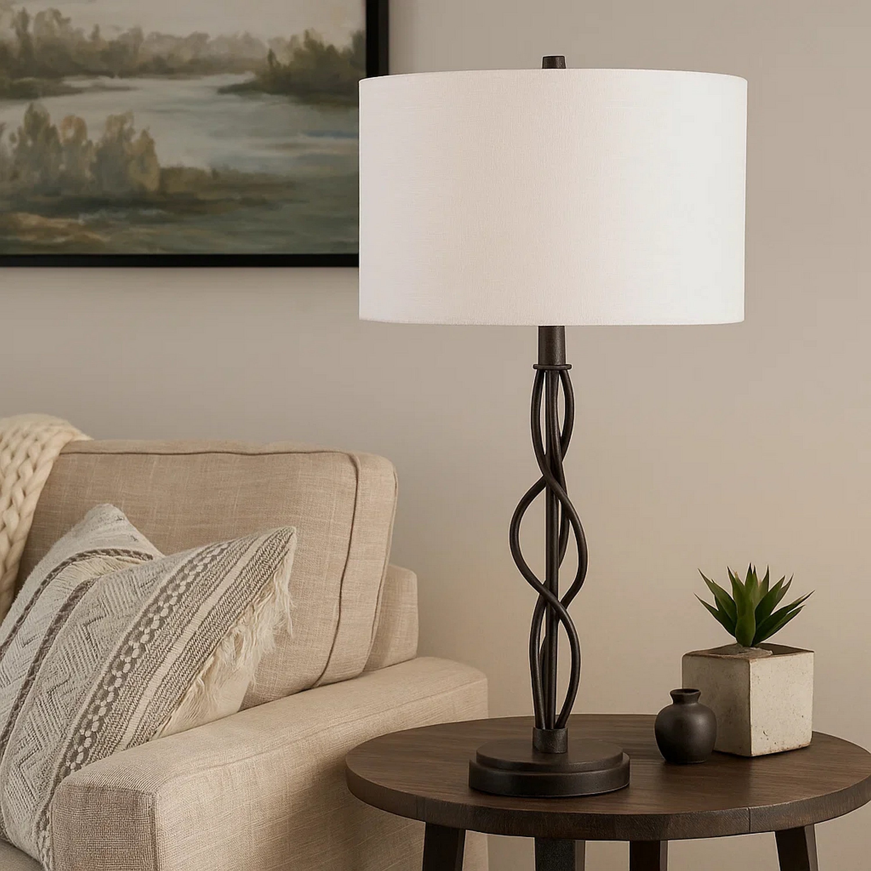 Benjara Round Fabric Shade Table Lamp, Metal Spiral Base, White, Textured Bronze