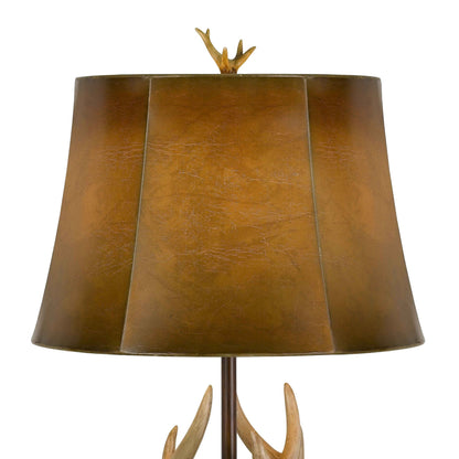 Benjara 150 Watt Leatherette Shade Table Lamp with Antler Polyresin Base, Brown