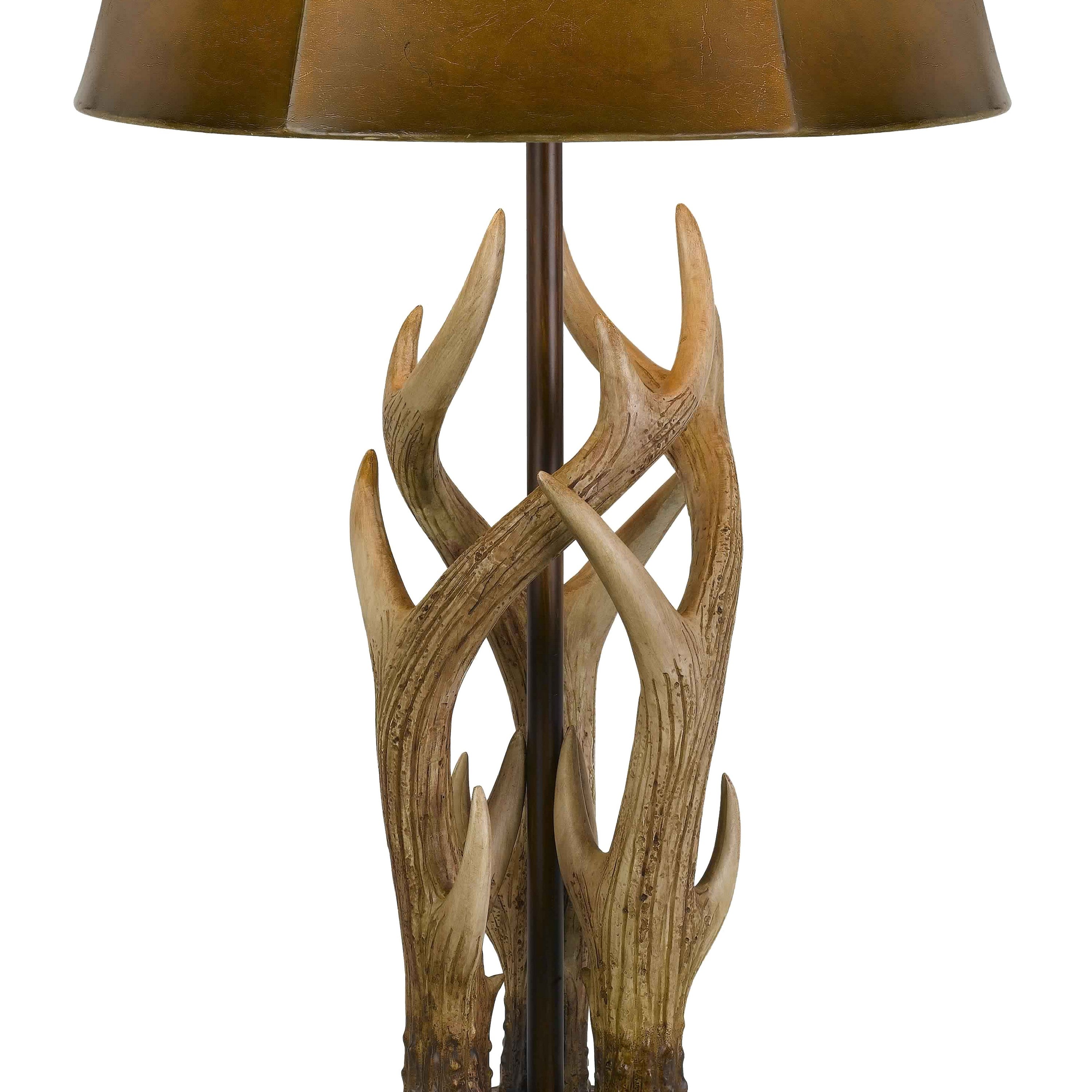 Benjara 150 Watt Leatherette Shade Table Lamp with Antler Polyresin Base, Brown
