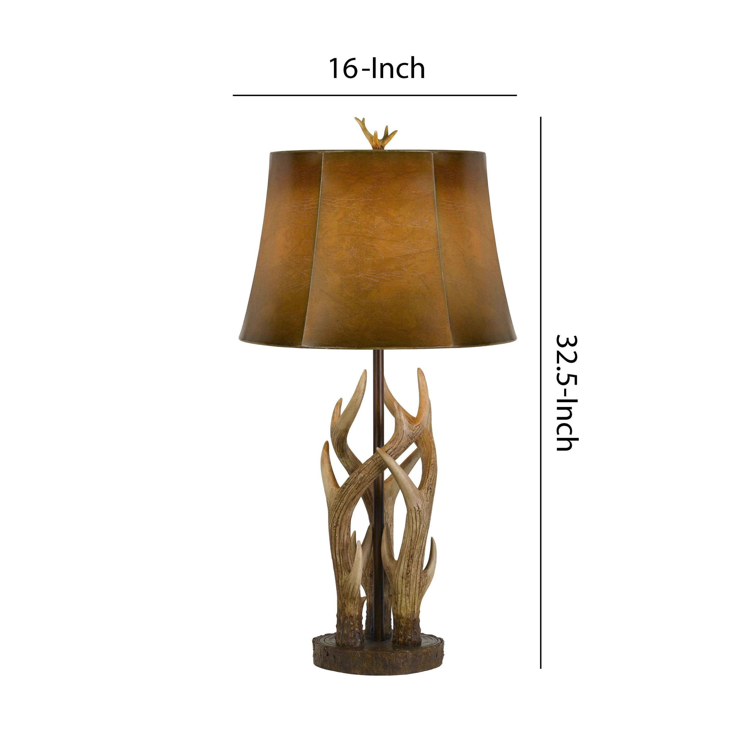 Benjara 150 Watt Leatherette Shade Table Lamp with Antler Polyresin Base, Brown