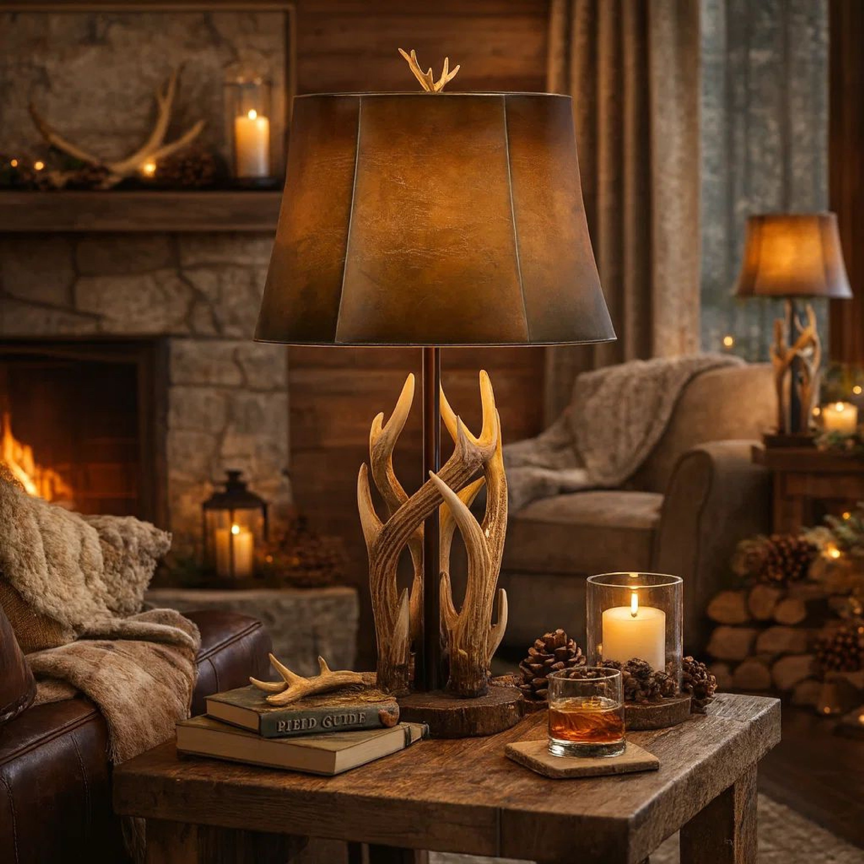 Benjara 150 Watt Leatherette Shade Table Lamp with Antler Polyresin Base, Brown
