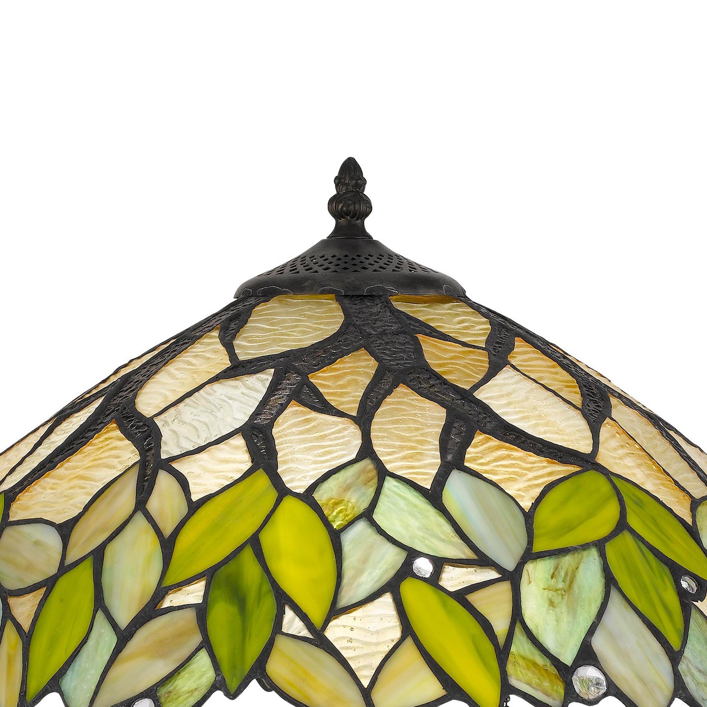 Benjara 2 Bulb Tiffany Table Lamp with Leaf Design Glass Shade, Multicolor