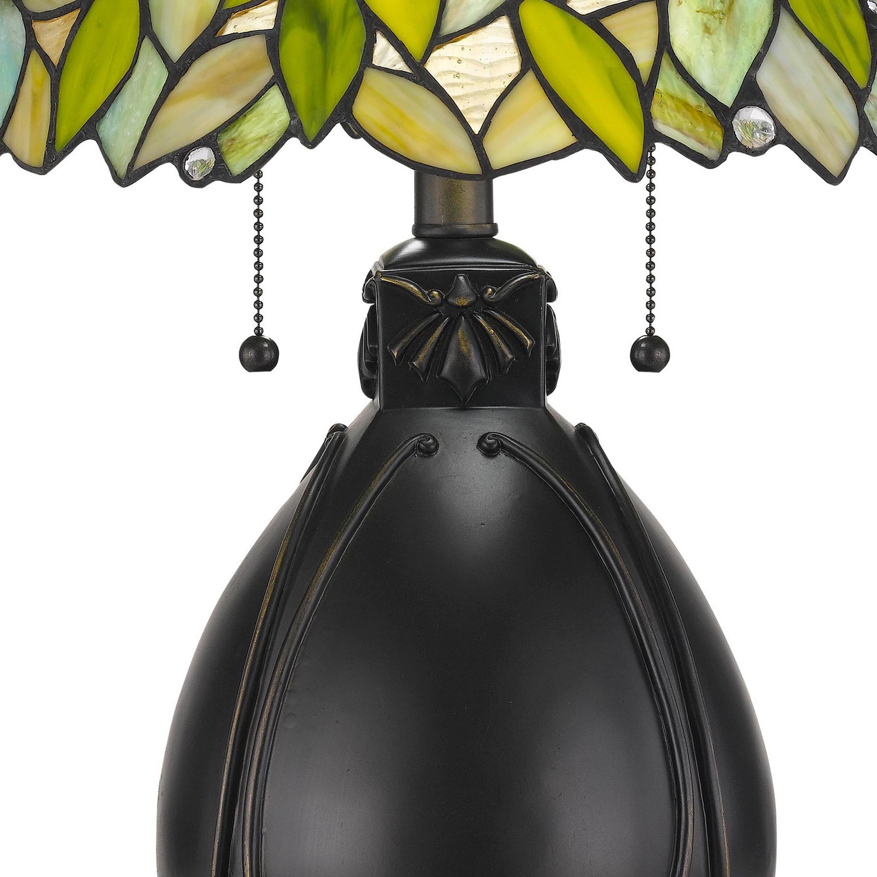 Benjara 2 Bulb Tiffany Table Lamp with Leaf Design Glass Shade, Multicolor