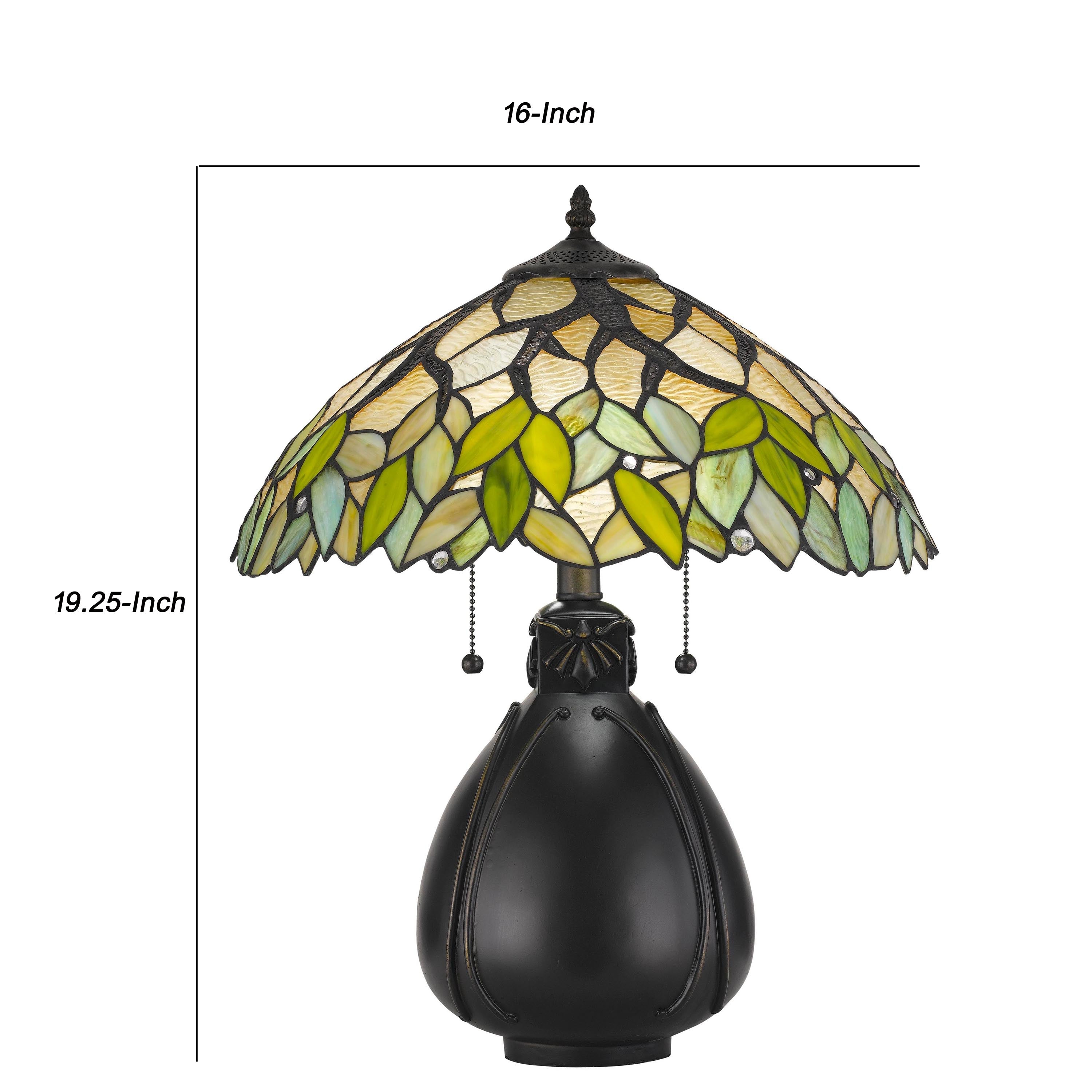 Benjara 2 Bulb Tiffany Table Lamp with Leaf Design Glass Shade, Multicolor