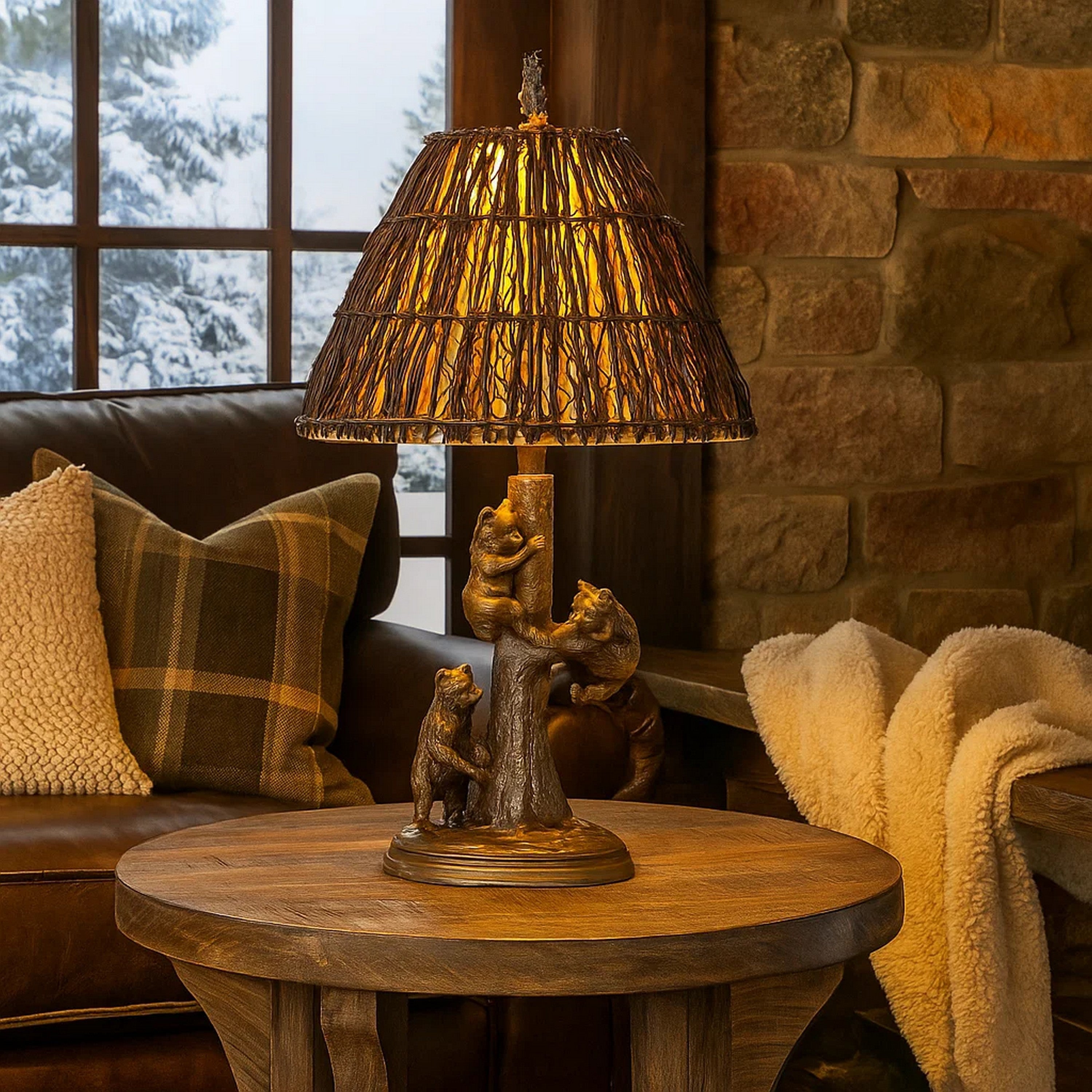 Benjara 150 Watt Resin Body Table Lamp with Bear Design And Twig Shade, Bronze