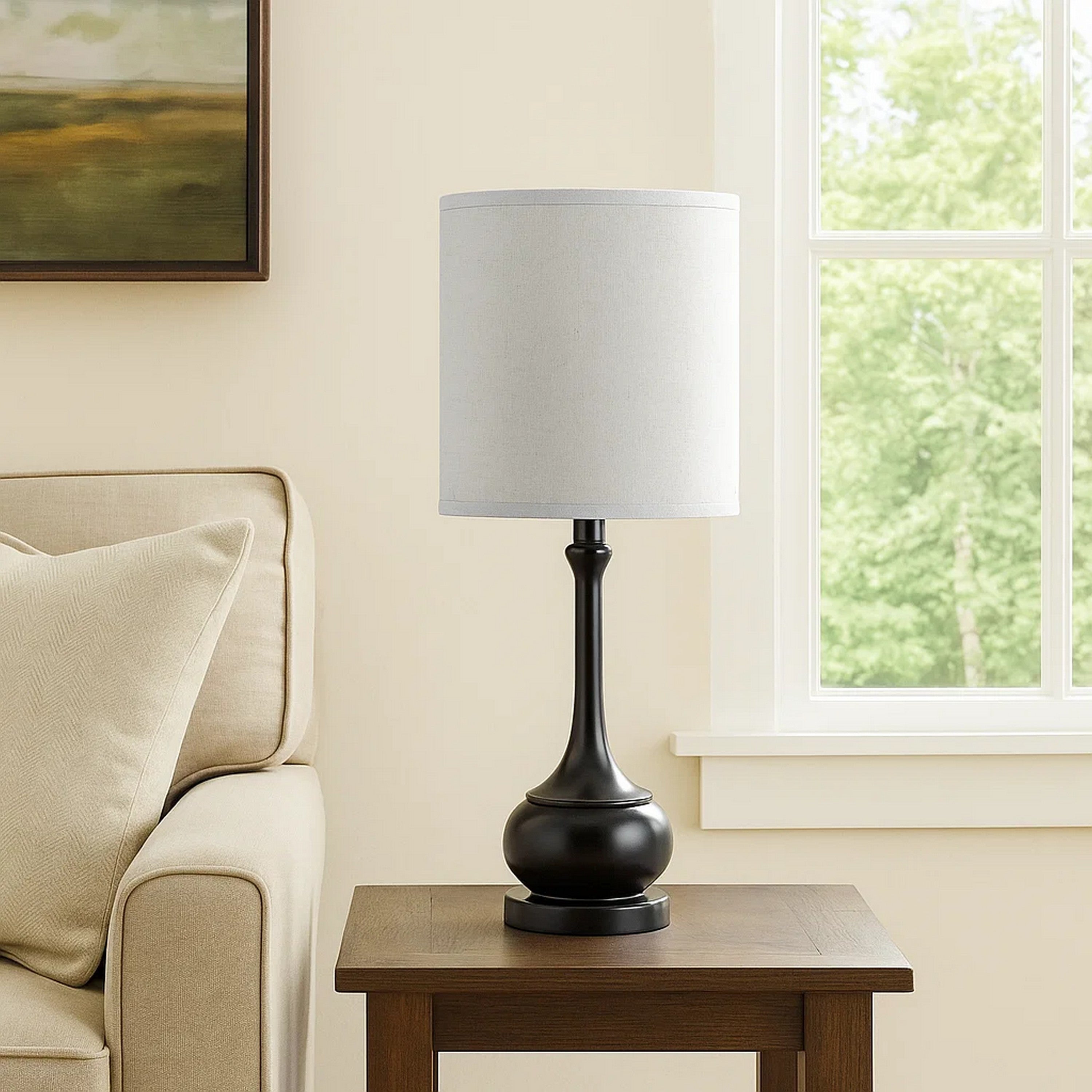 Benjara Elongated Bellied Shape Metal Accent Lamp with Drum Shade, Black