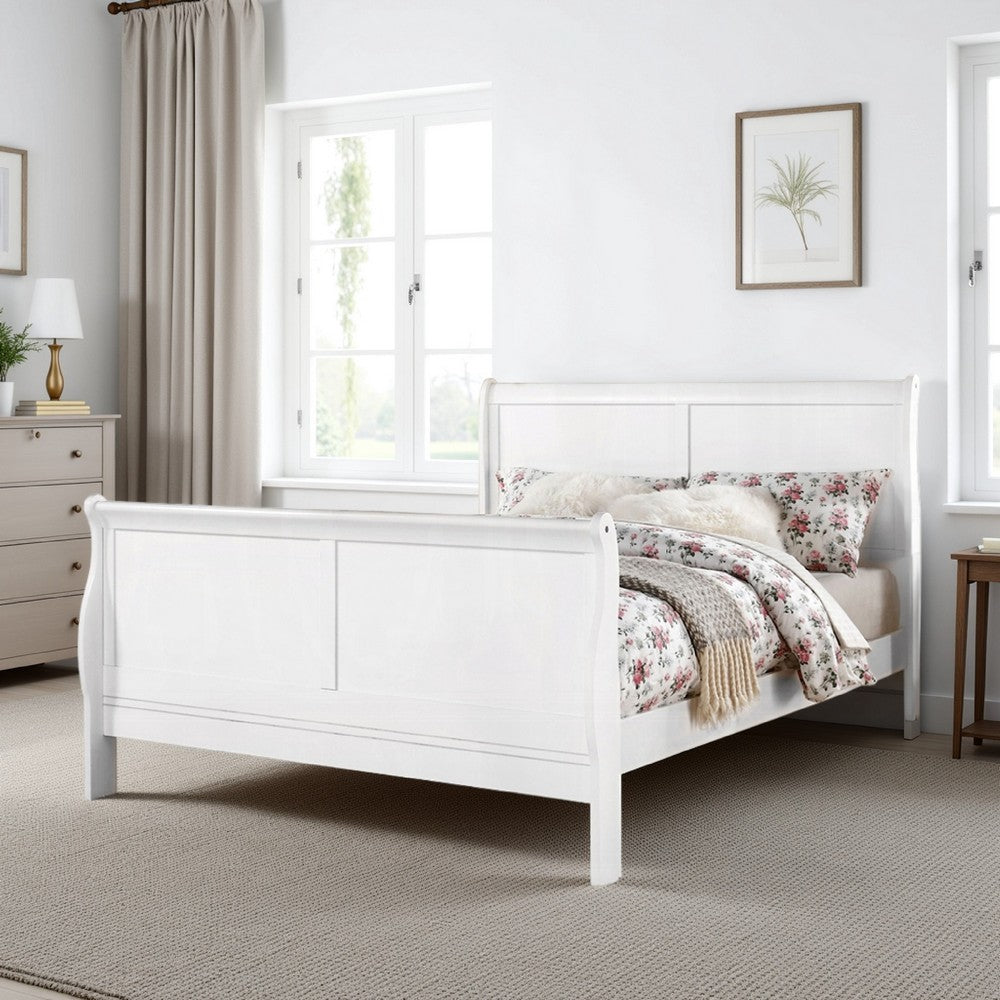Benjara Sleigh Design Eastern King Size Bed with Sleek Legs, White