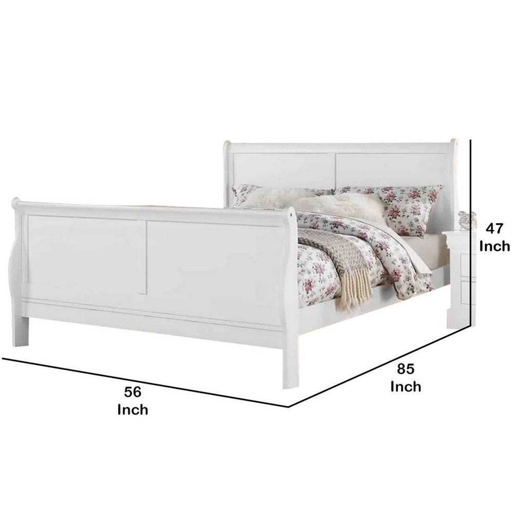 Benjara Sleigh Design Full Size Bed with Sleek Legs, White