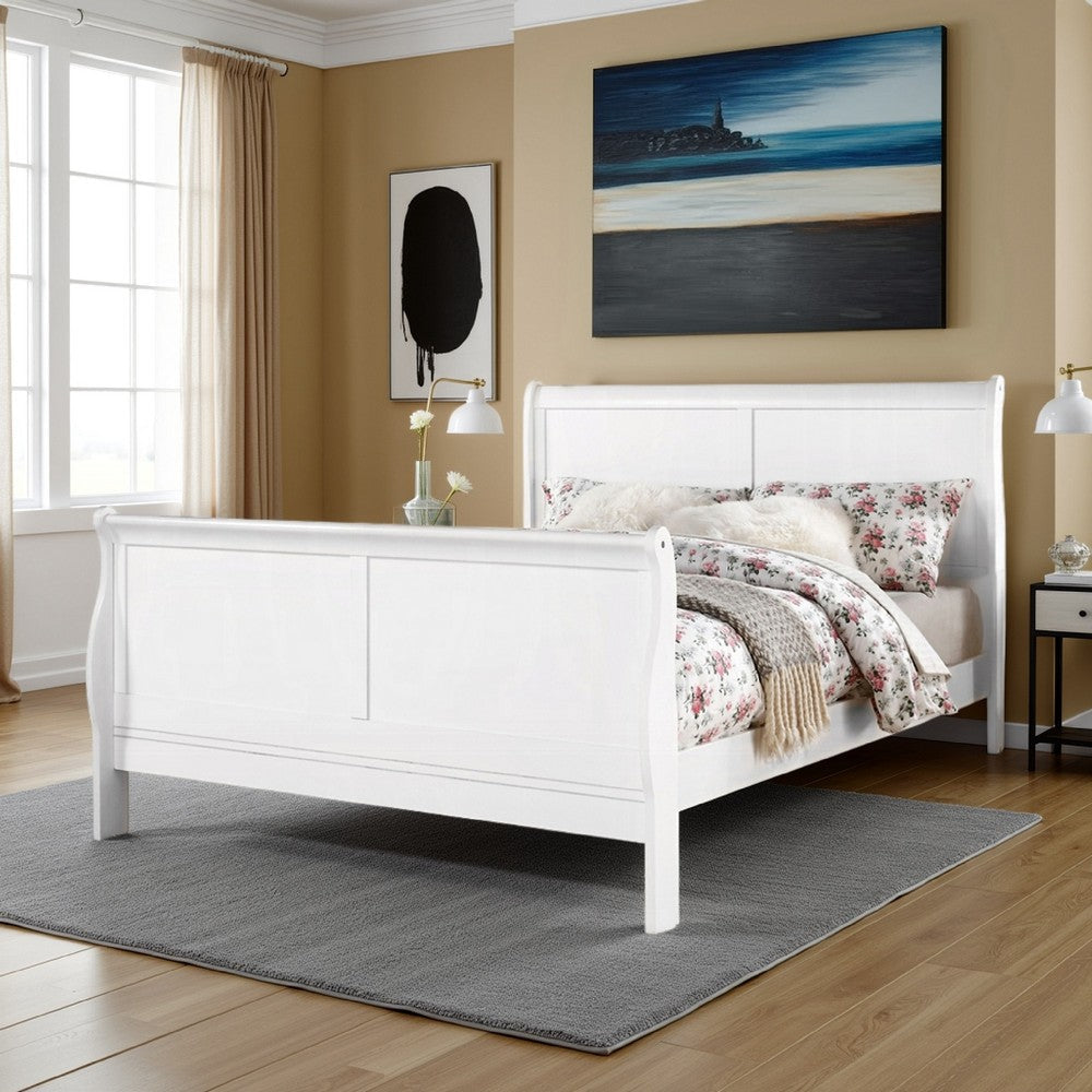 Benjara Sleigh Design Full Size Bed with Sleek Legs, White