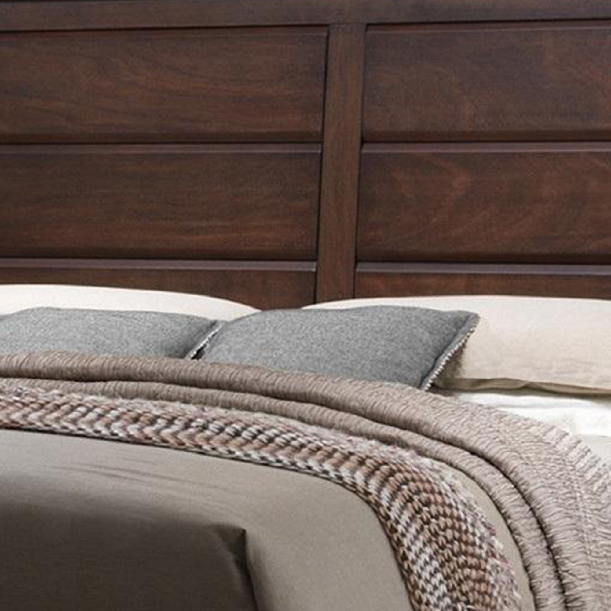 Benjara Raised Panel Design Wooden Eastern King Bed with Sleek Legs, Walnut Brown