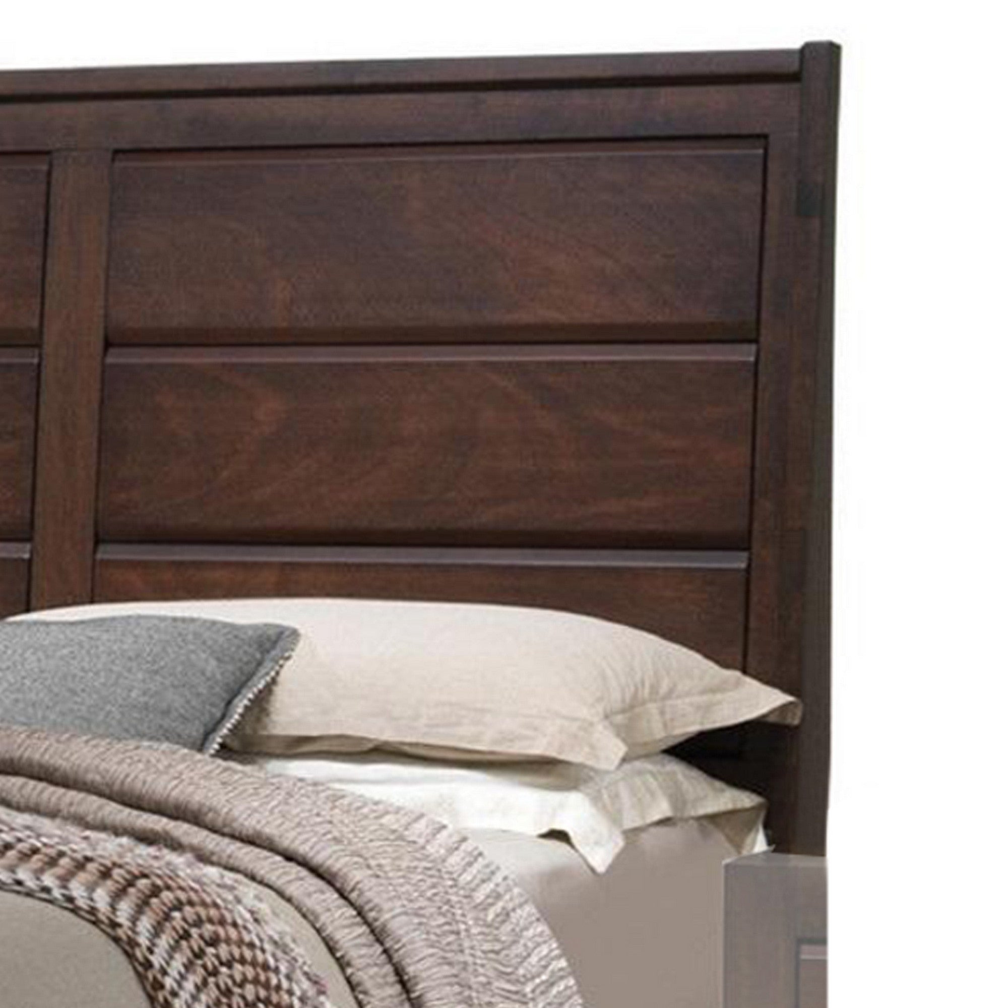 Benjara Raised Panel Design Wooden Eastern King Bed with Sleek Legs, Walnut Brown