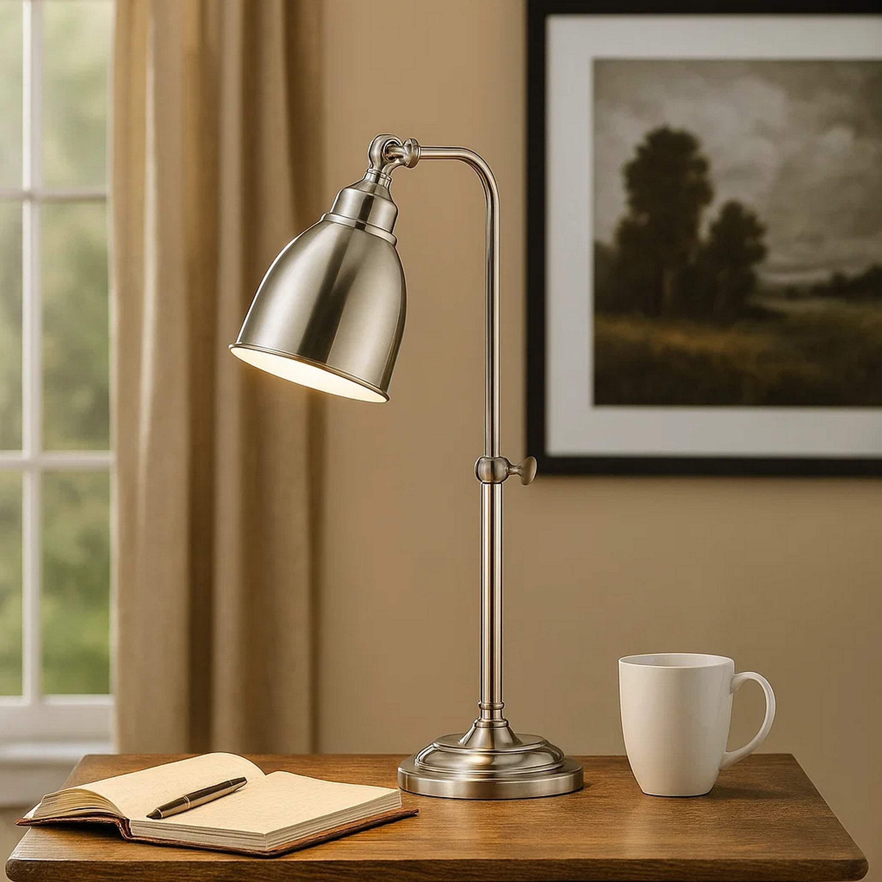 Benjara Metal Round 25" Table Lamp with Adjustable Pole, Silver