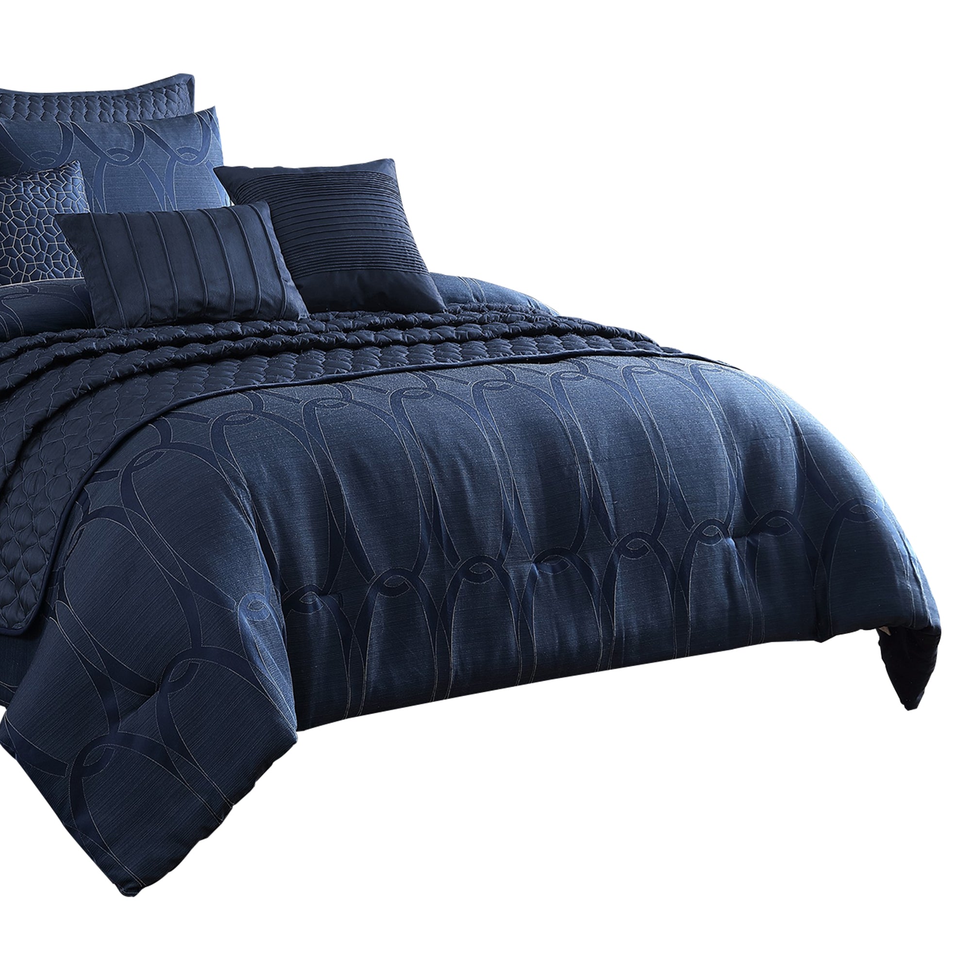 Benjara 10 Piece King Polyester Comforter Set with Geometric Oblong Print, Dark Blue