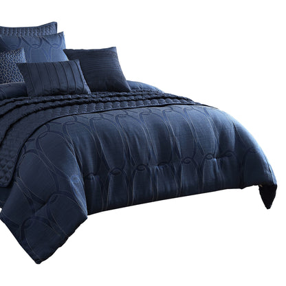 Benjara 10 Piece King Polyester Comforter Set with Geometric Oblong Print, Dark Blue