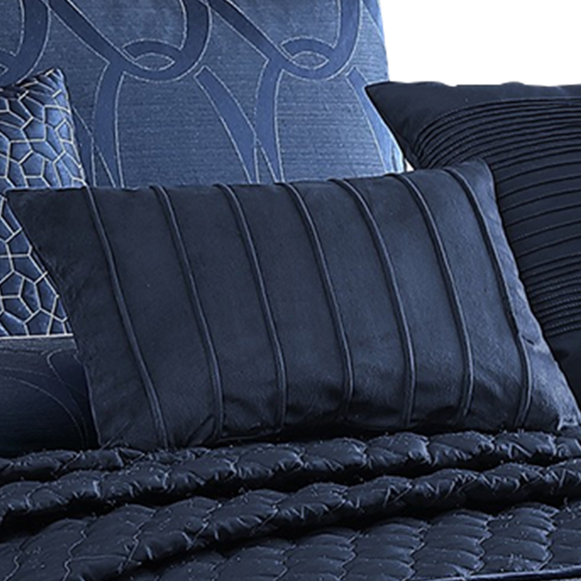 Benjara 10 Piece King Polyester Comforter Set with Geometric Oblong Print, Dark Blue