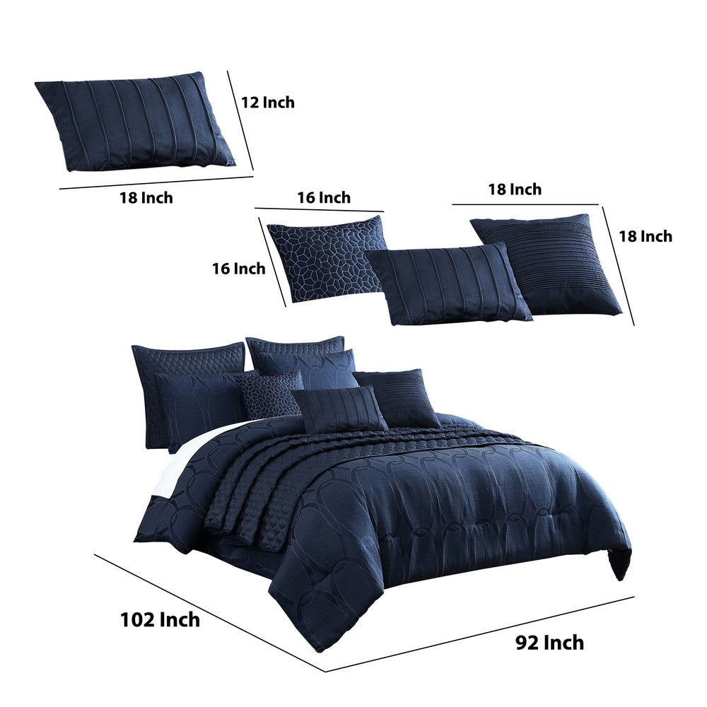 Benjara 10 Piece King Polyester Comforter Set with Geometric Oblong Print, Dark Blue