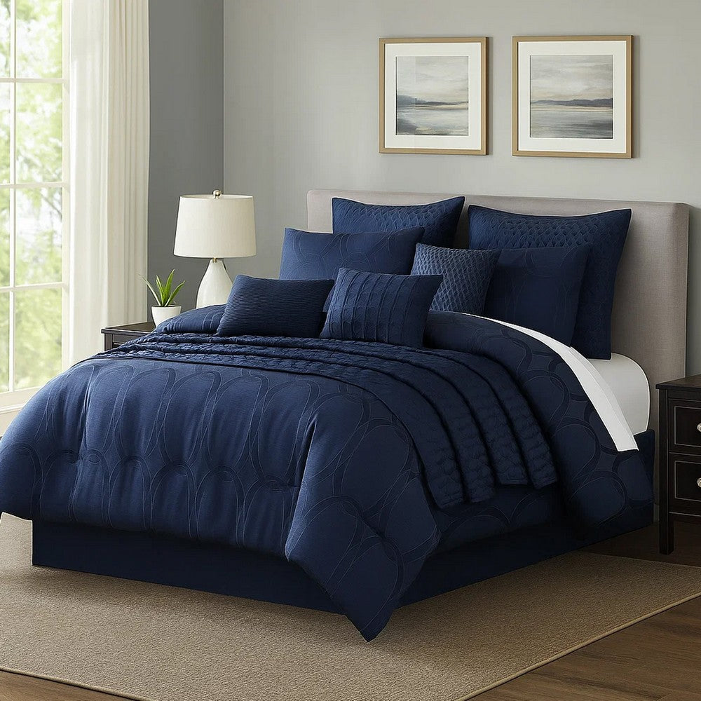 Benjara 10 Piece King Polyester Comforter Set with Geometric Oblong Print, Dark Blue