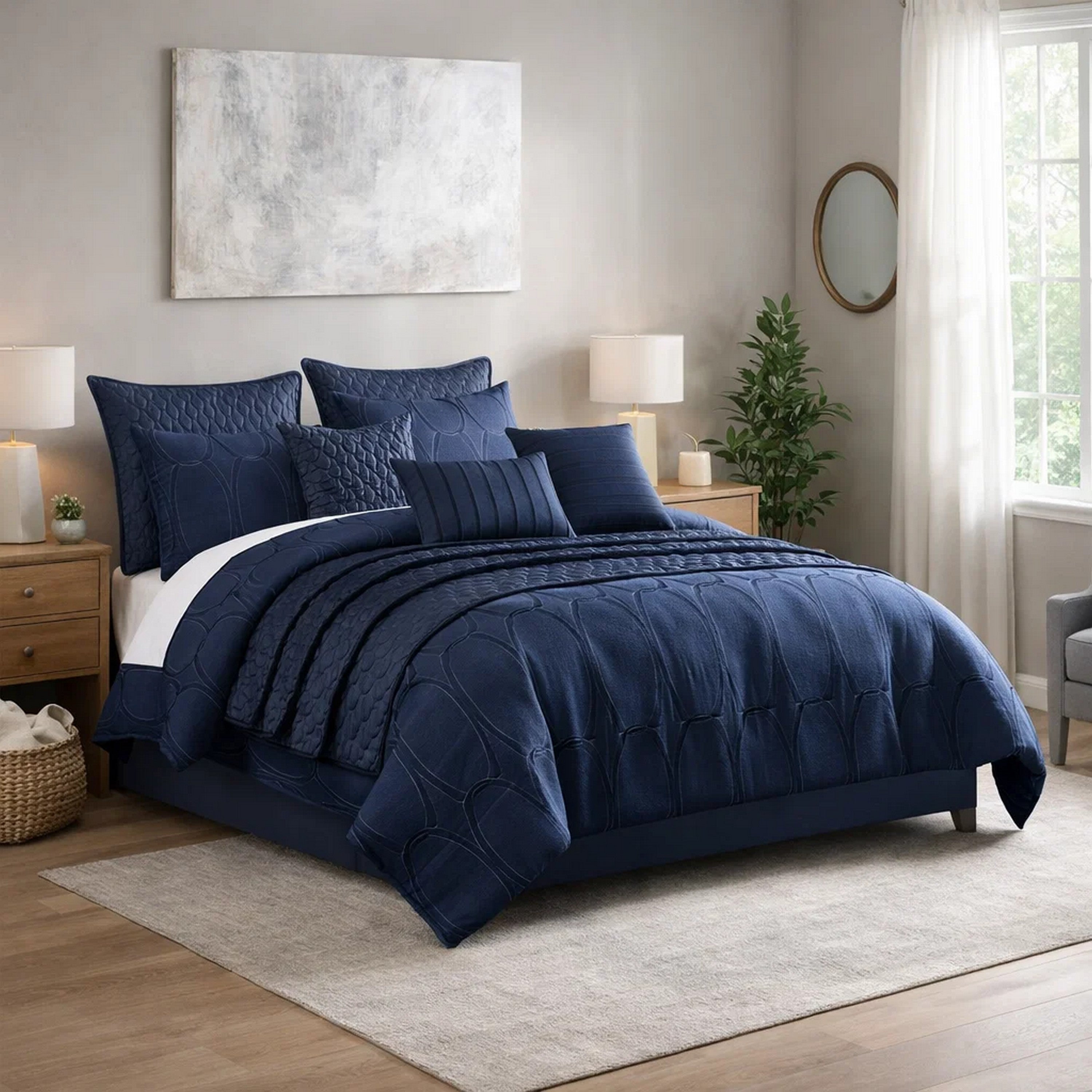 Benjara 10 Piece Queen Polyester Comforter Set with Geometric Print, Dark Blue
