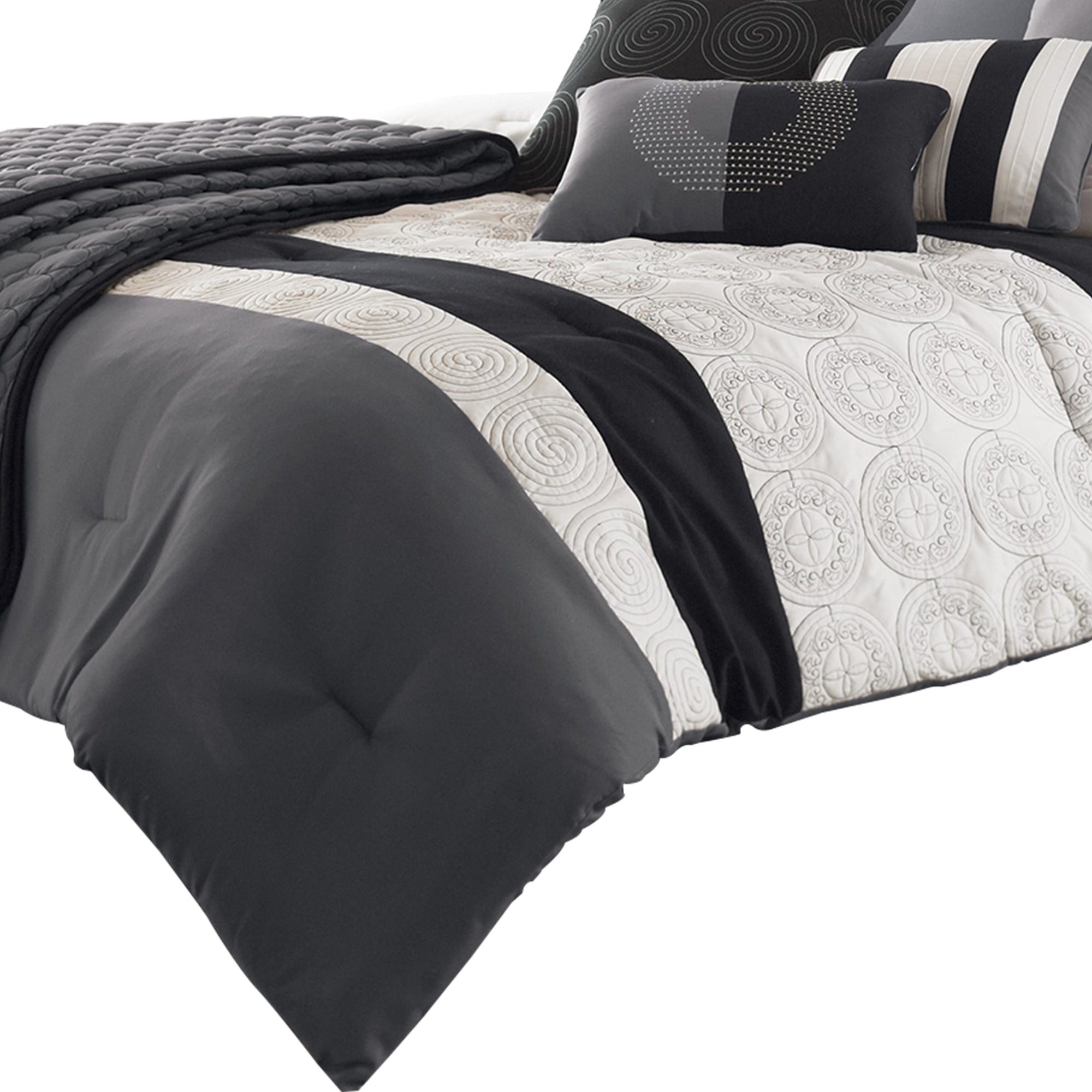 Benjara 7 Piece Queen Cotton Comforter Set with Geometric Print, Gray And Black