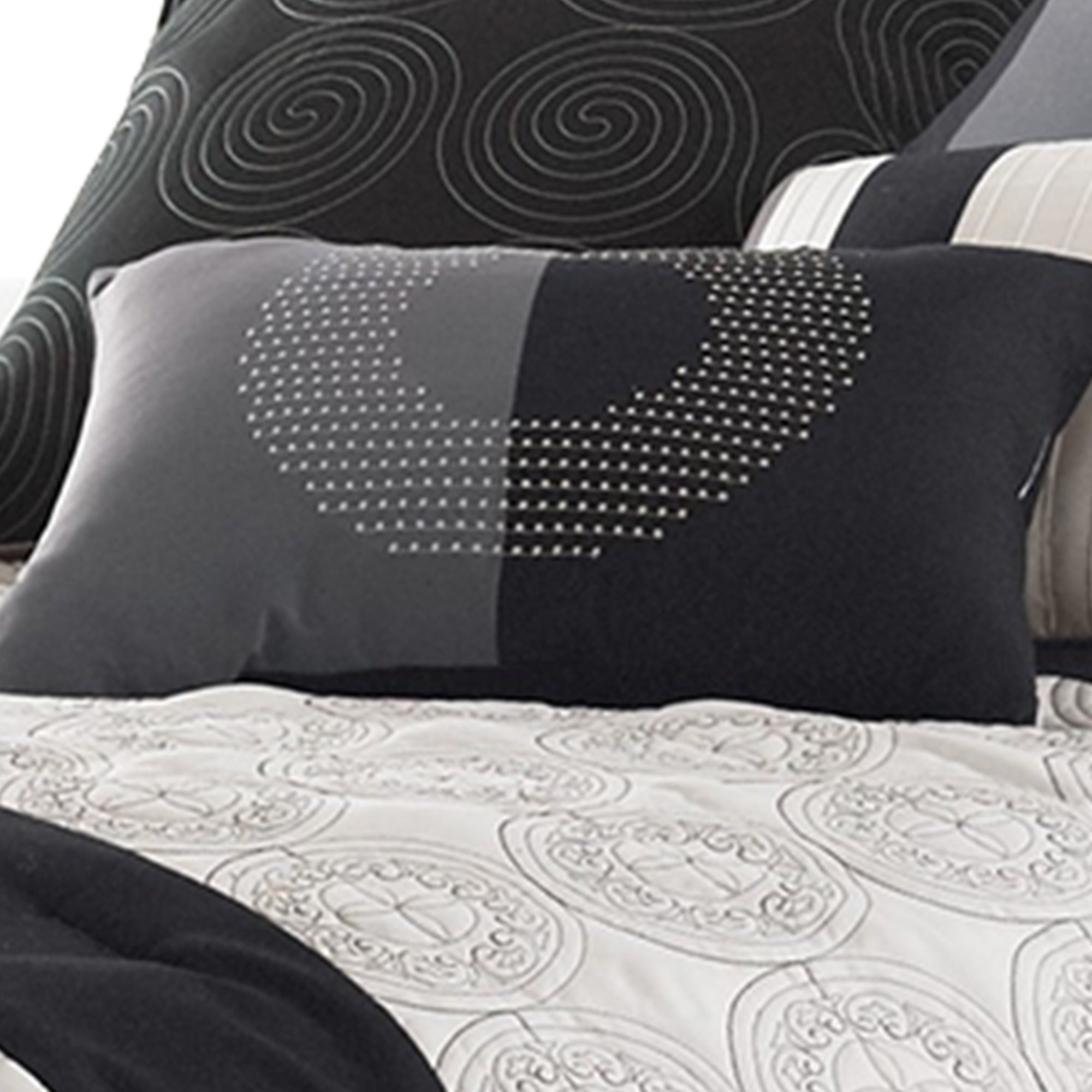 Benjara 7 Piece Queen Cotton Comforter Set with Geometric Print, Gray And Black