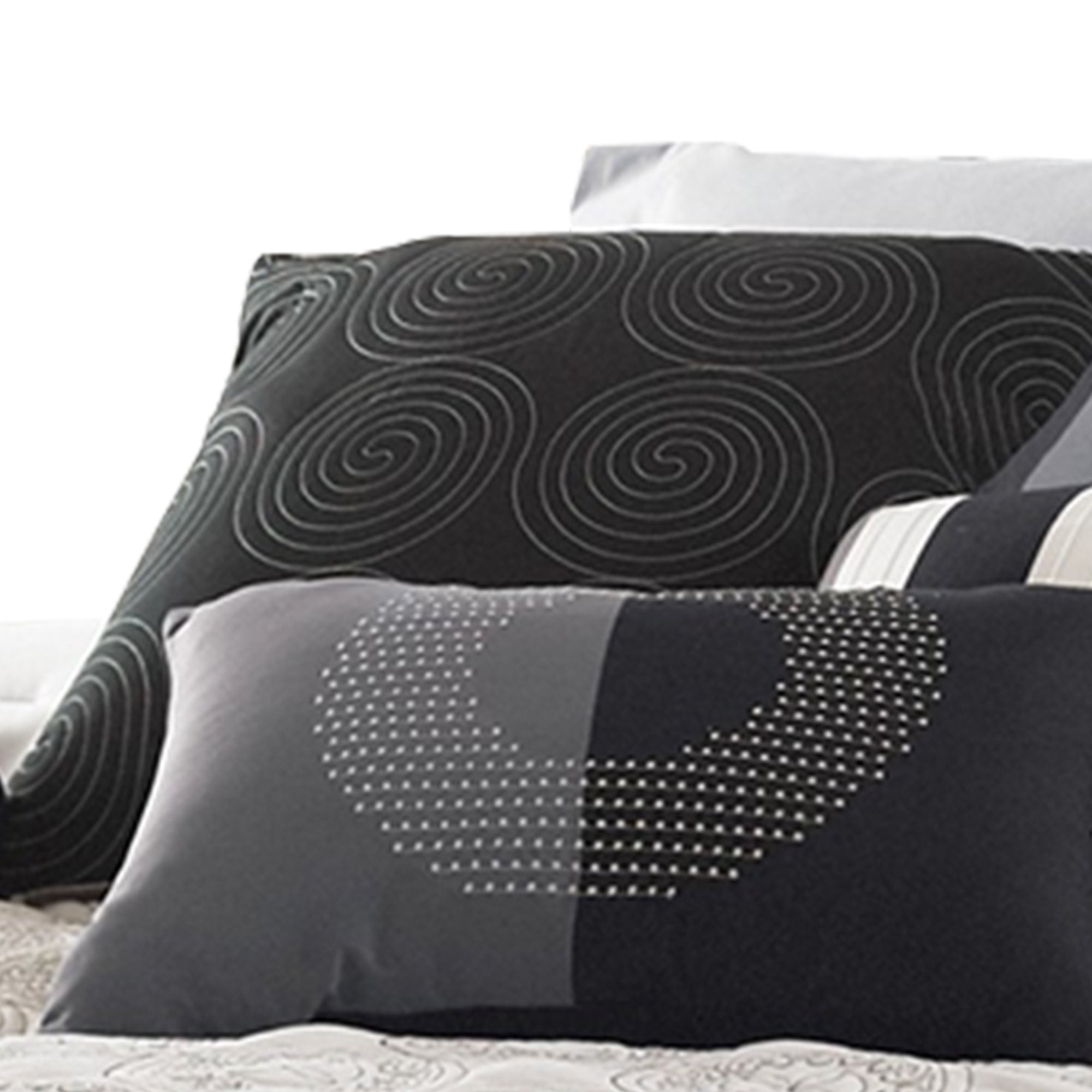 Benjara 7 Piece Queen Cotton Comforter Set with Geometric Print, Gray And Black