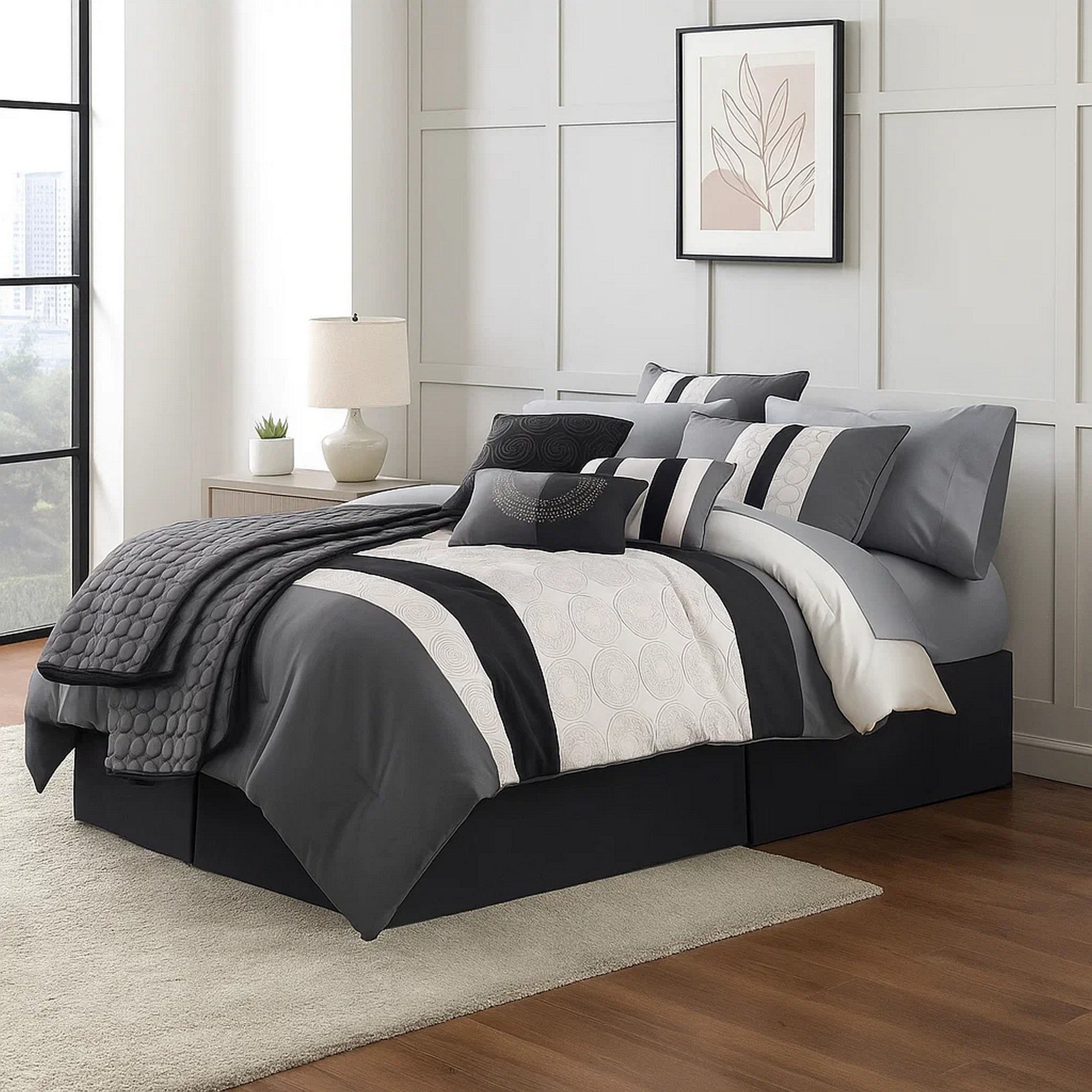 Benjara 7 Piece Queen Cotton Comforter Set with Geometric Print, Gray And Black