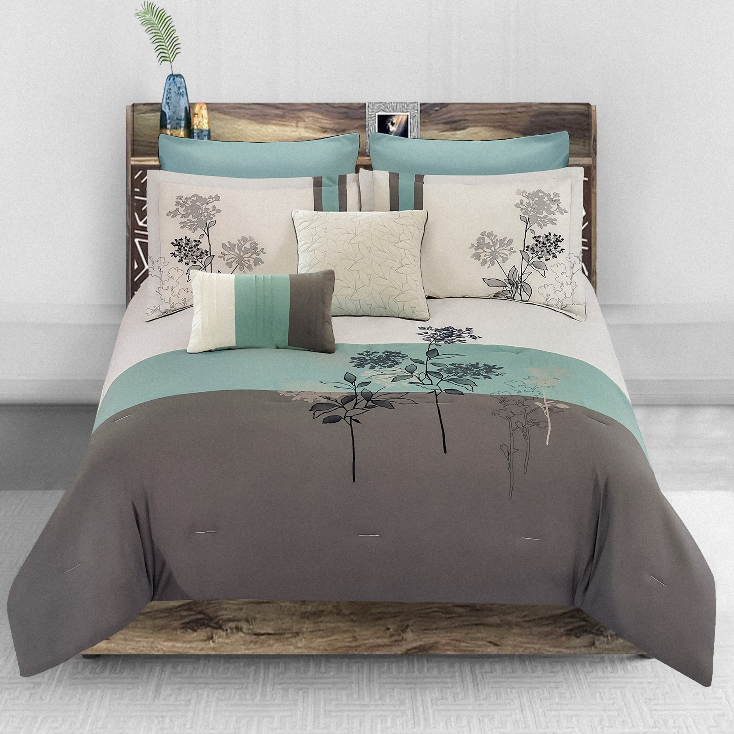 Benjara 8 Piece King Polyester Comforter Set with Floral Embroidery, Multicolor