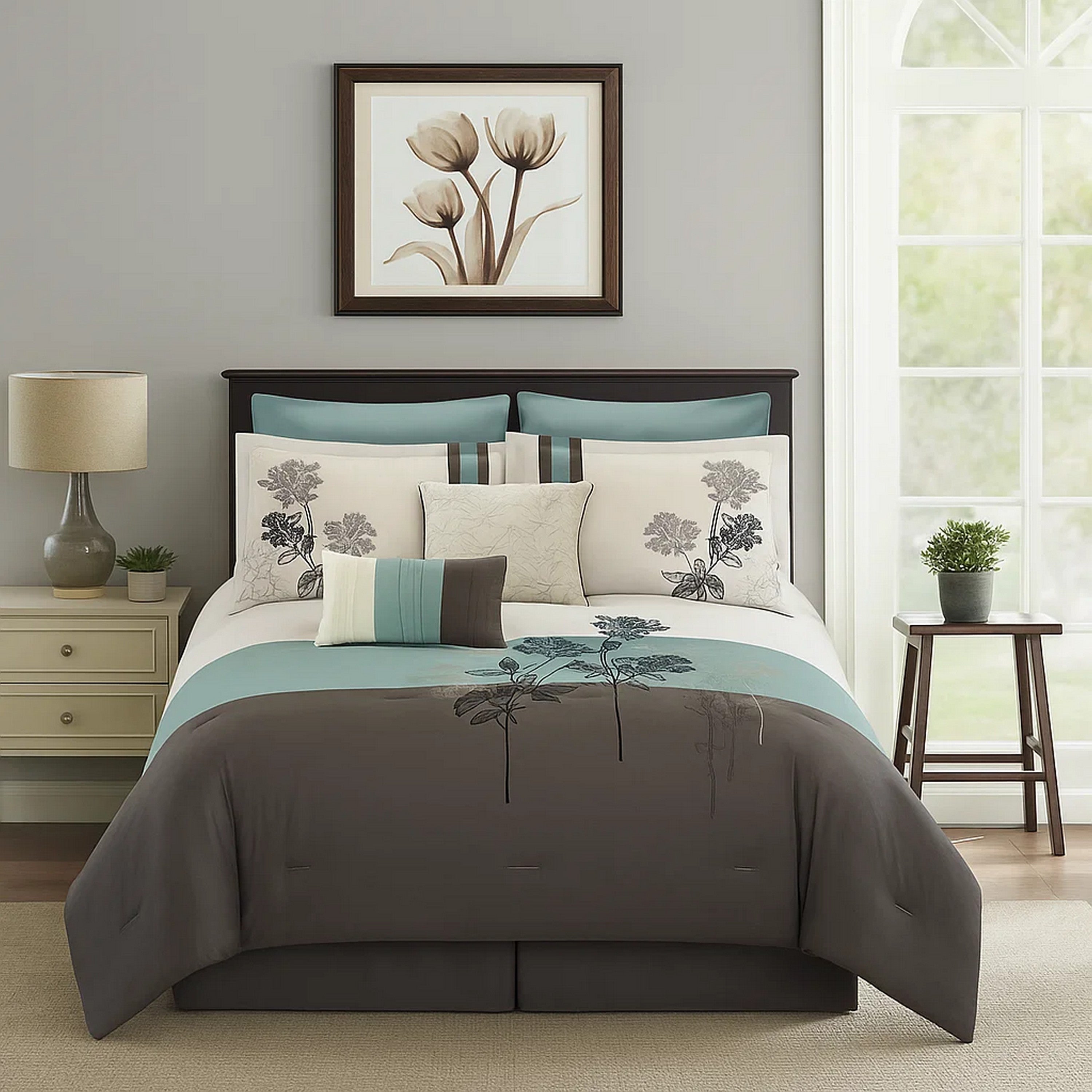 Benjara 8 Piece Queen Polyester Comforter Set with Floral Embroidery, Multicolor