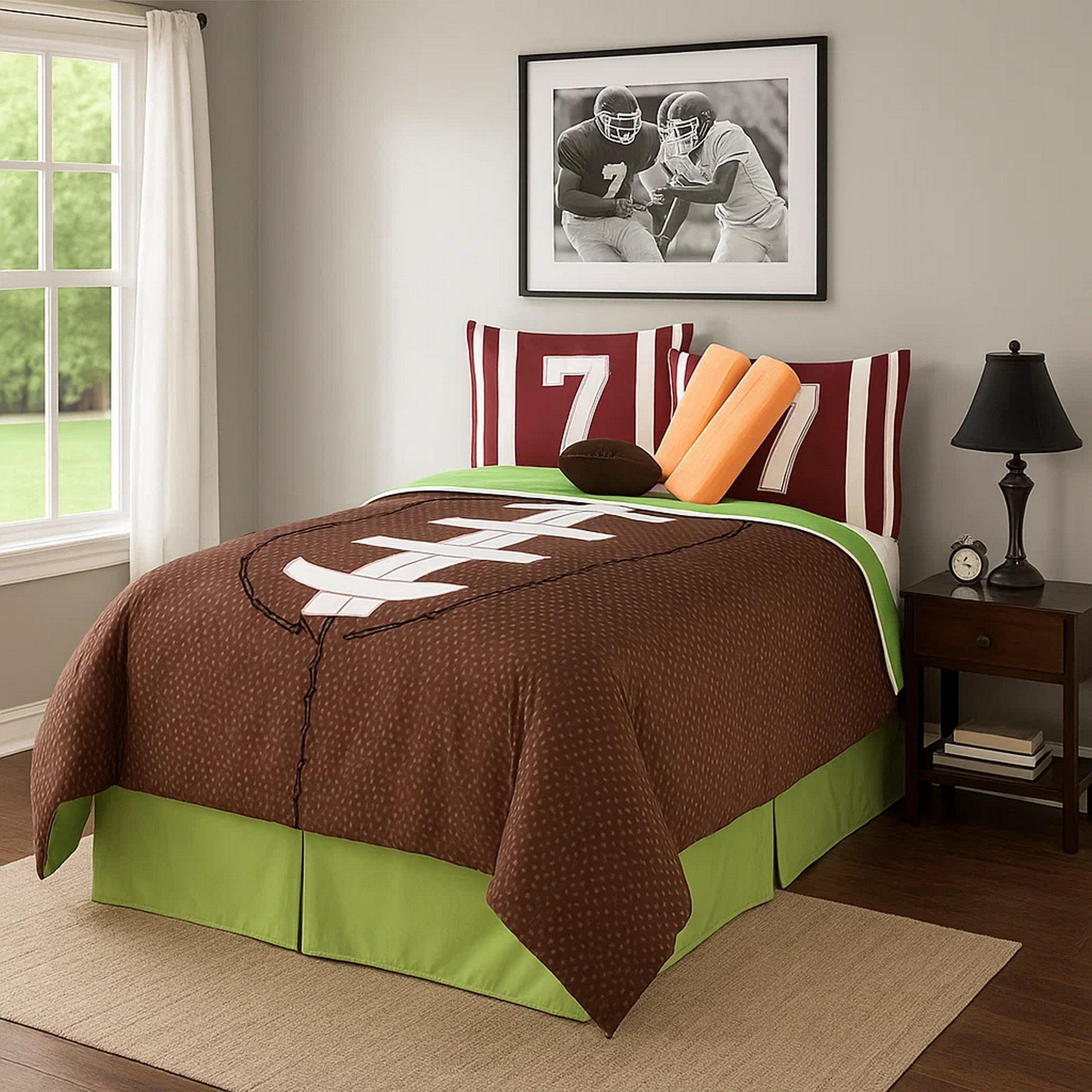 Benjara 5 Piece Twin Comforter Set with Football Field Print, Brown And Green