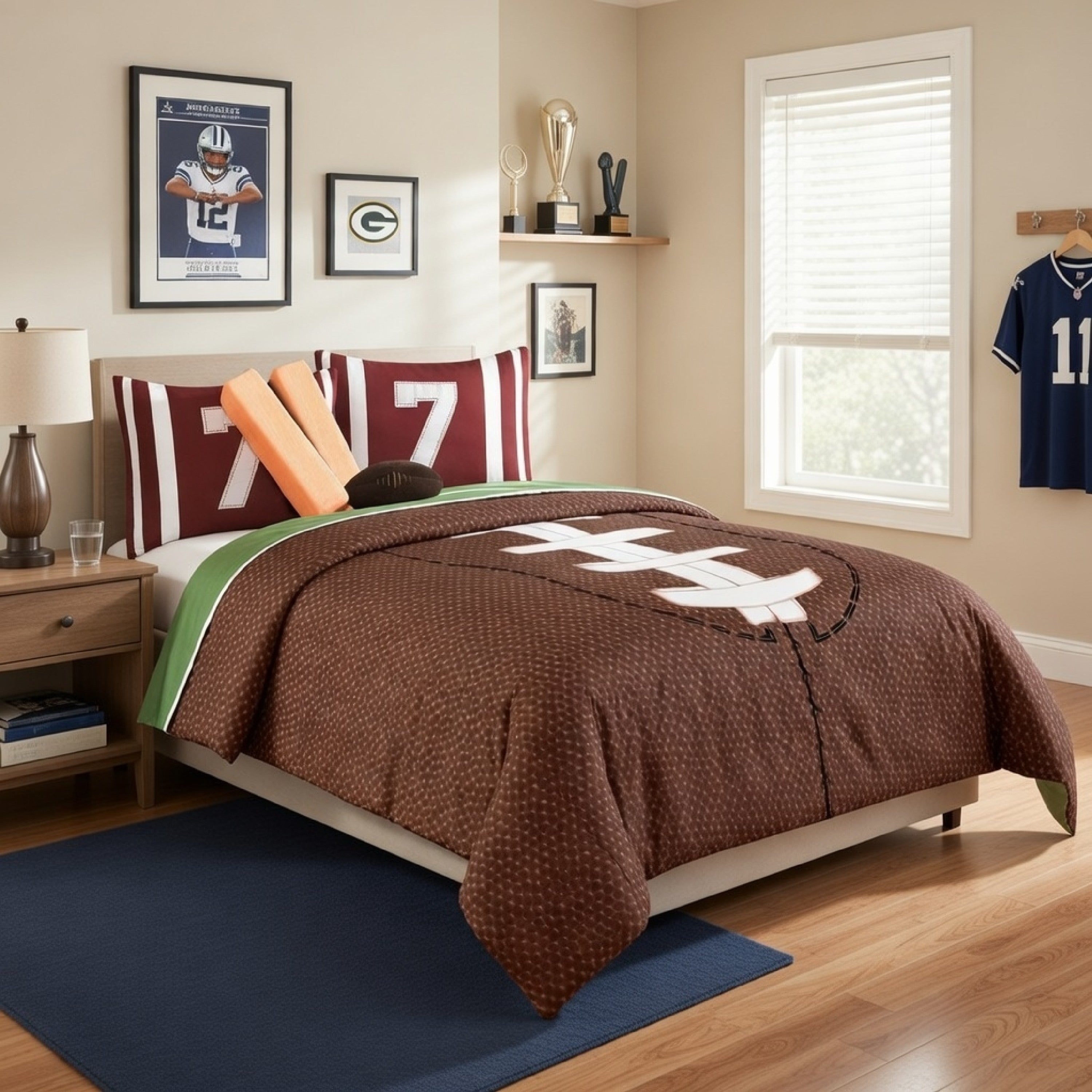 Benjara 6 Piece Full Comforter Set with Football Field Print, Brown And Green