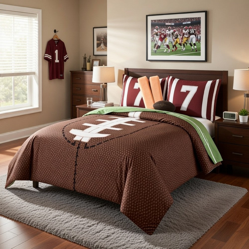Benjara 6 Piece Full Comforter Set with Football Field Print, Brown And Green