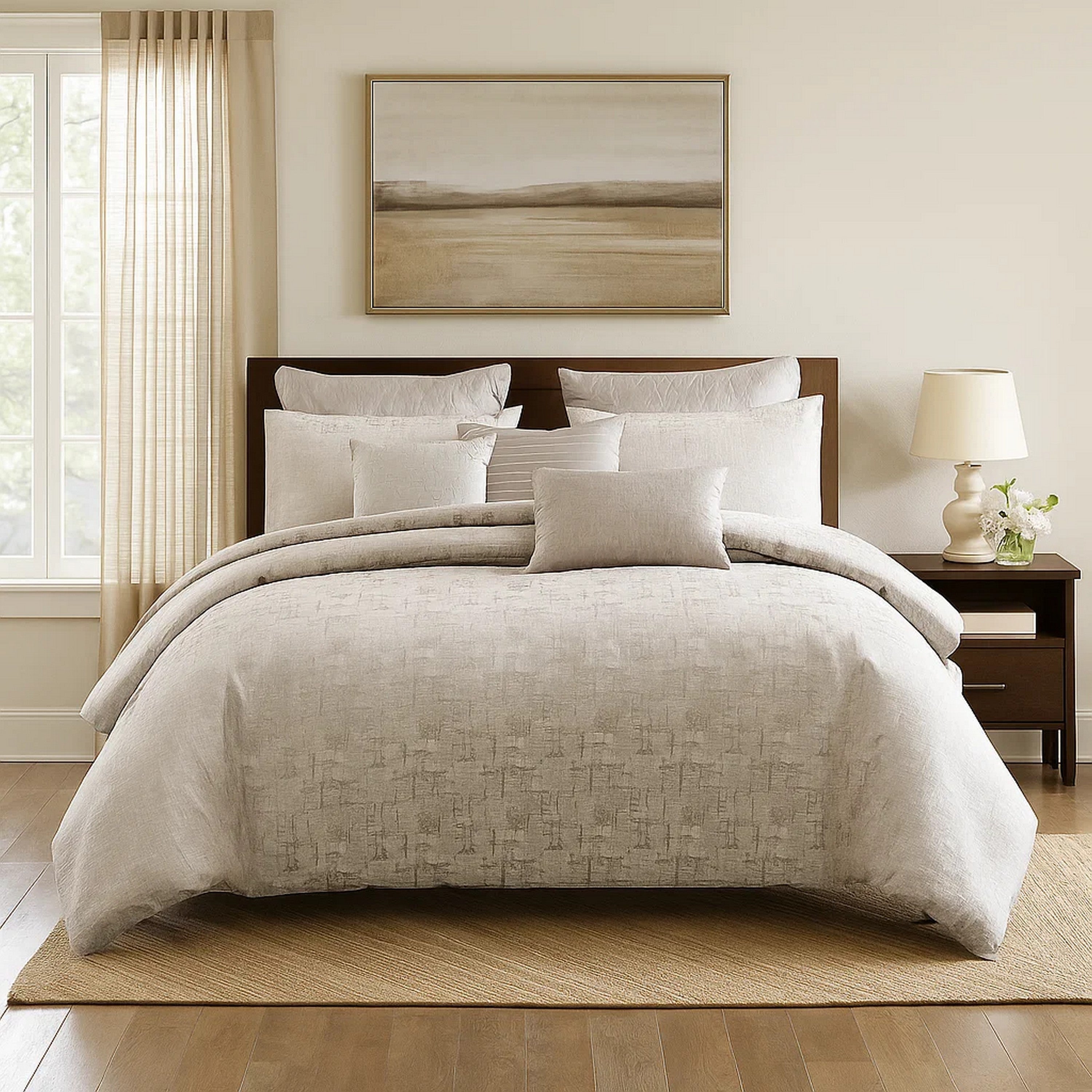 Benjara 10 Piece King Polyester Comforter Set with Jacquard Print, Gray