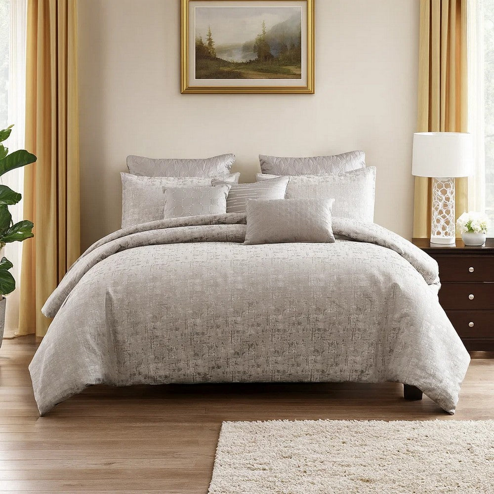 Benjara 9 Piece Queen Polyester Comforter Set with Jacquard Print, Gray