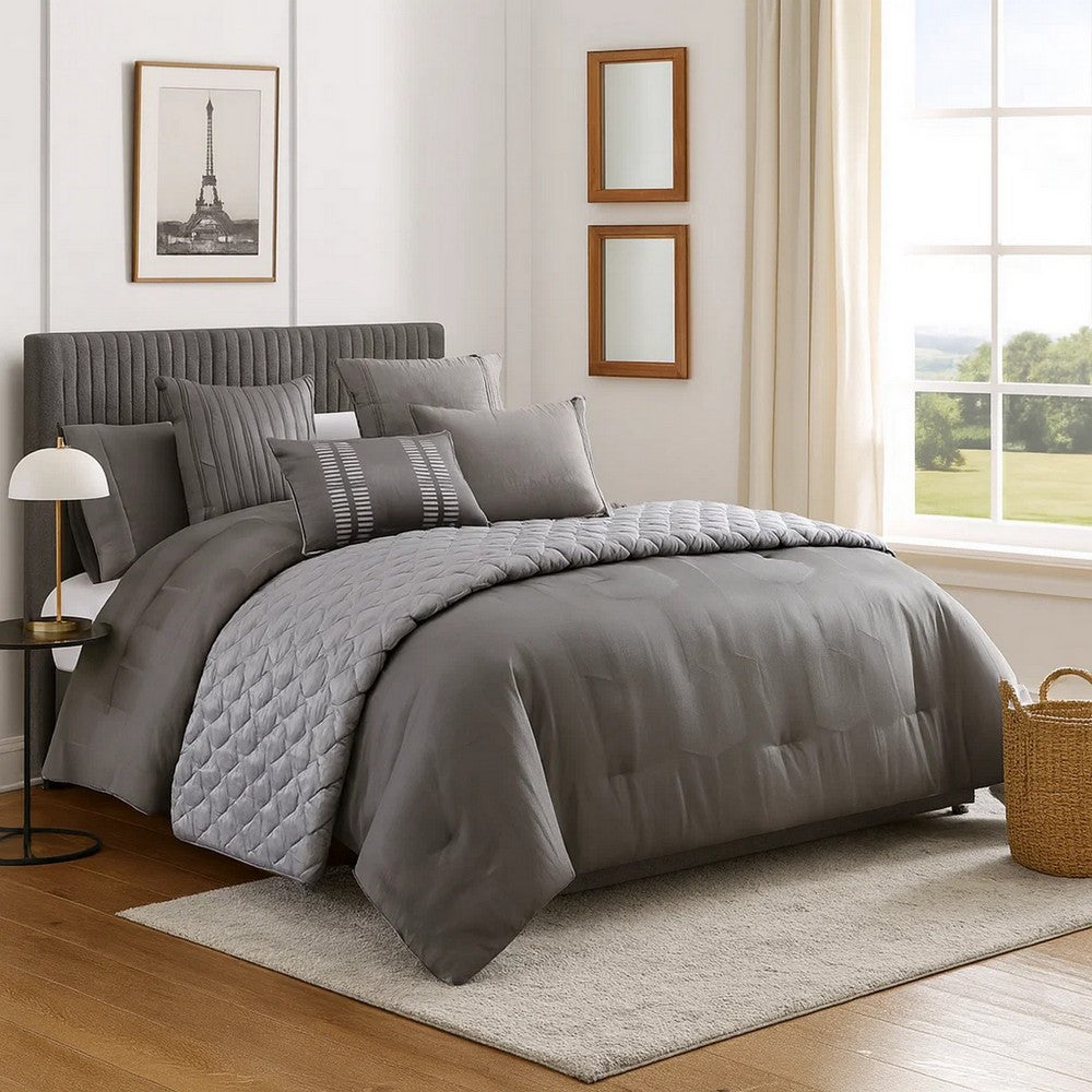 Benjara 10 Piece Queen Polyester Comforter Set with Geometric Print, Gray