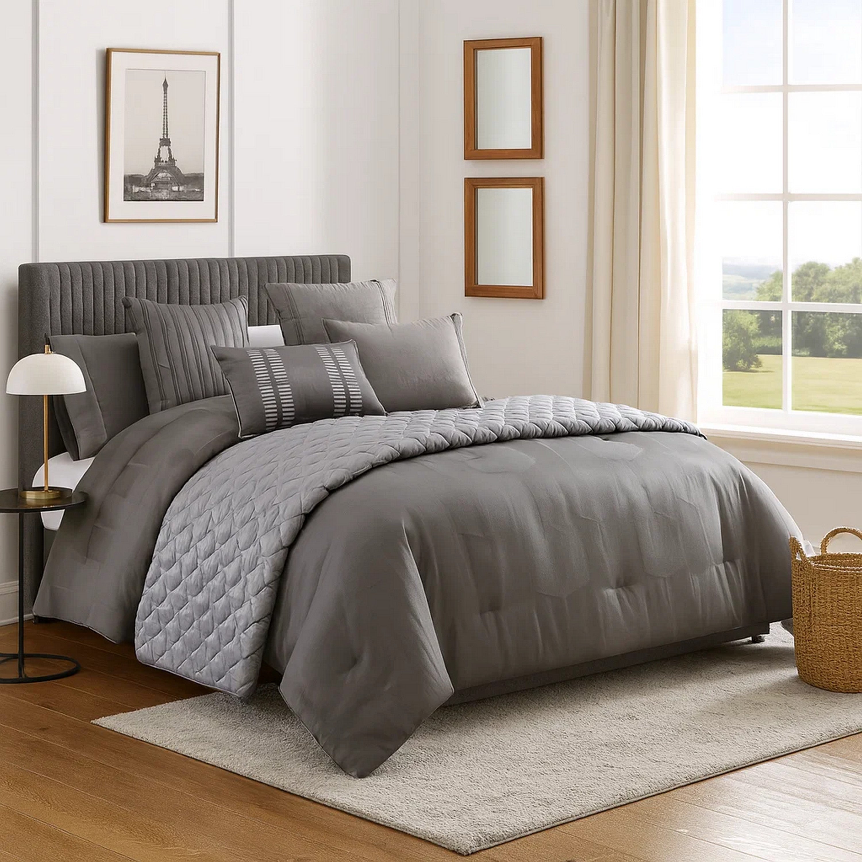 Benjara 10 Piece Queen Polyester Comforter Set with Geometric Print, Gray