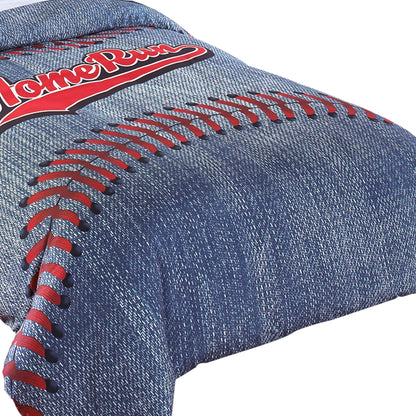 Benjara 6 Piece Polyester Full Comforter Set with Baseball Inspired Print, Blue