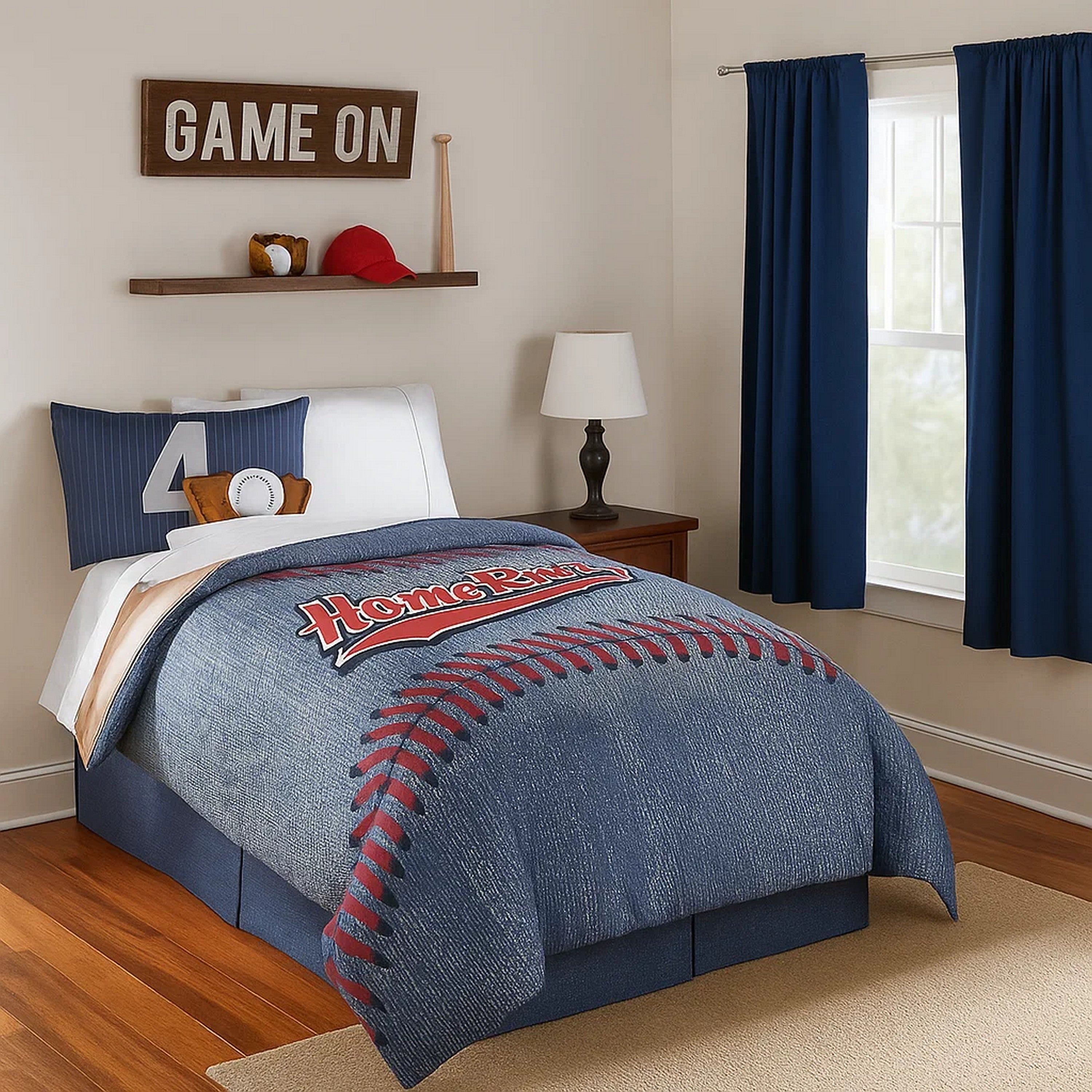 Benjara 6 Piece Polyester Full Comforter Set with Baseball Inspired Print, Blue