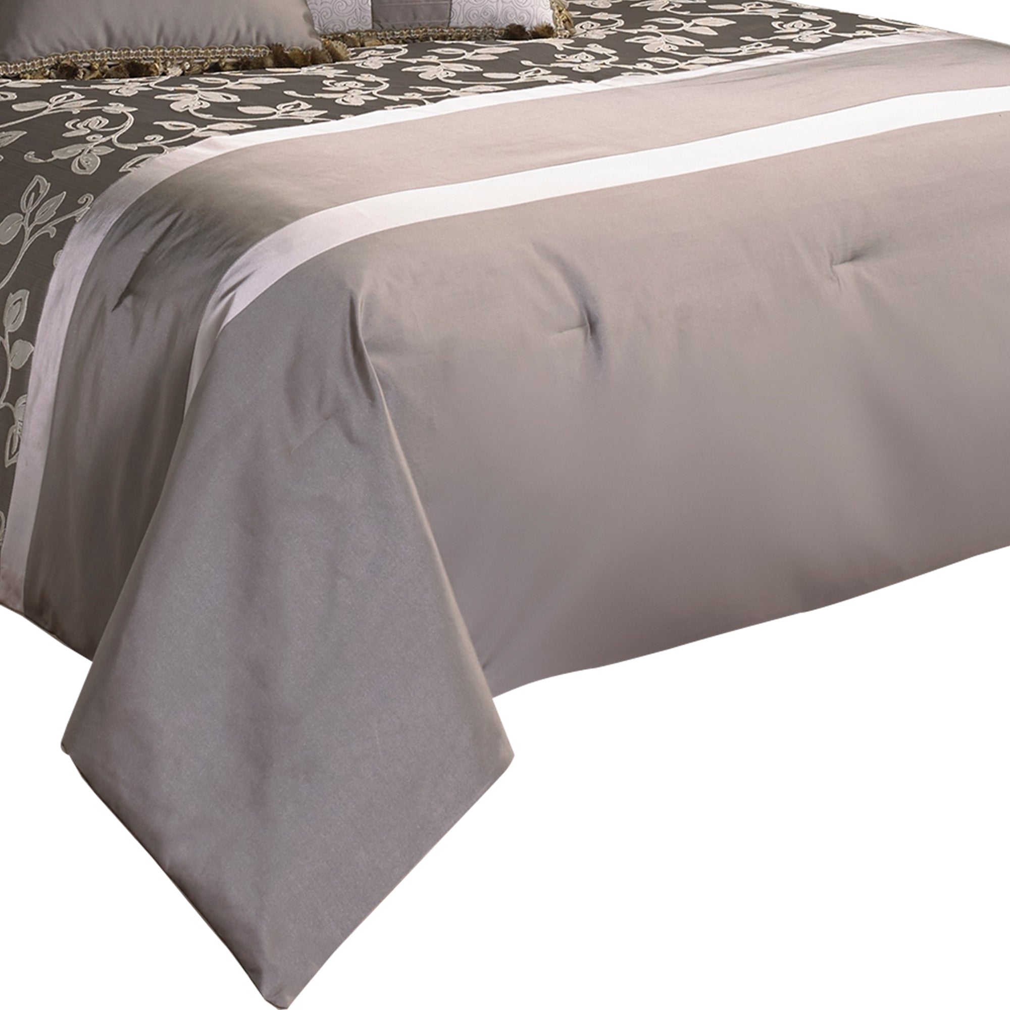 Benjara 10 Piece King Polyester Comforter Set with Leaf Print, Platinum Gray