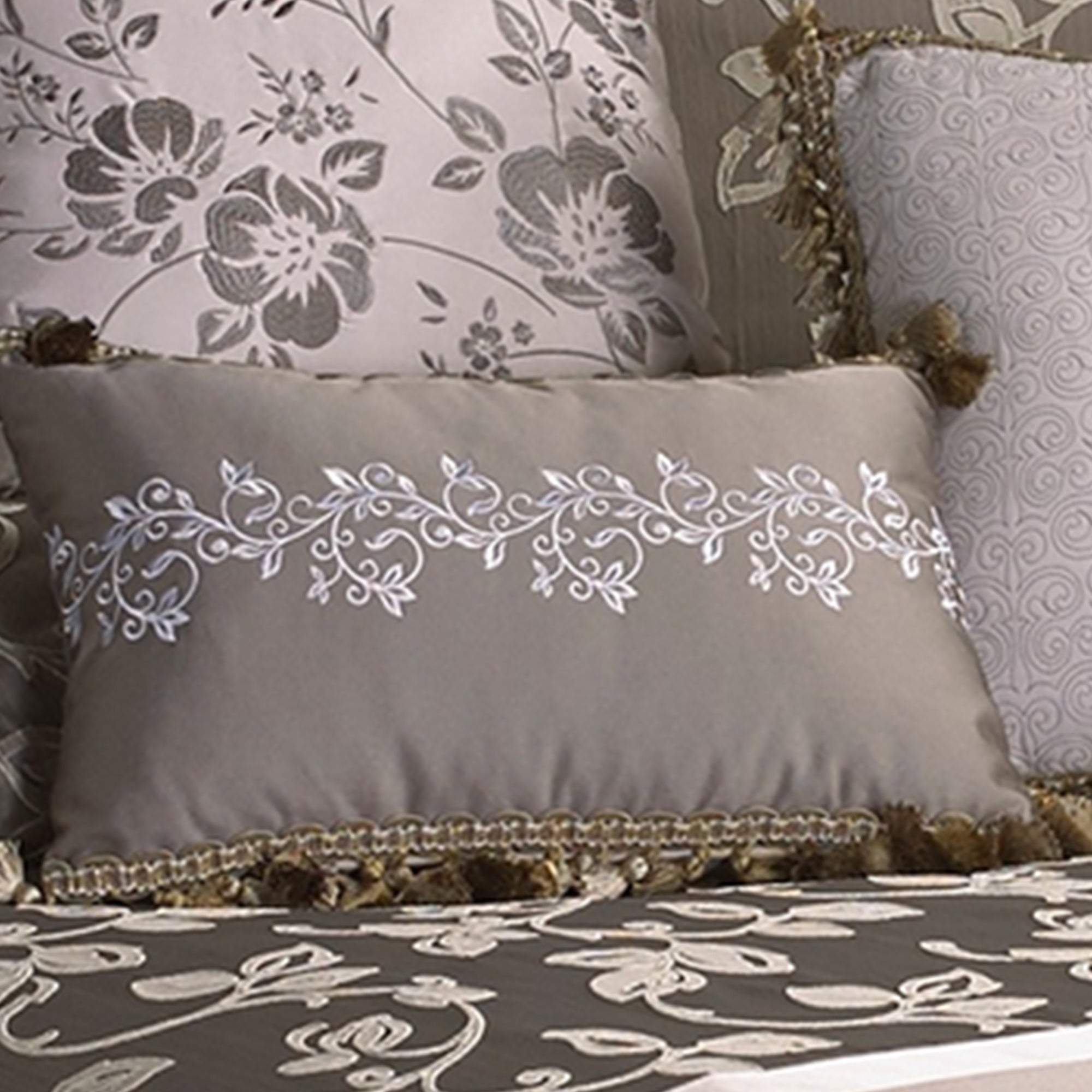 Benjara 10 Piece King Polyester Comforter Set with Leaf Print, Platinum Gray