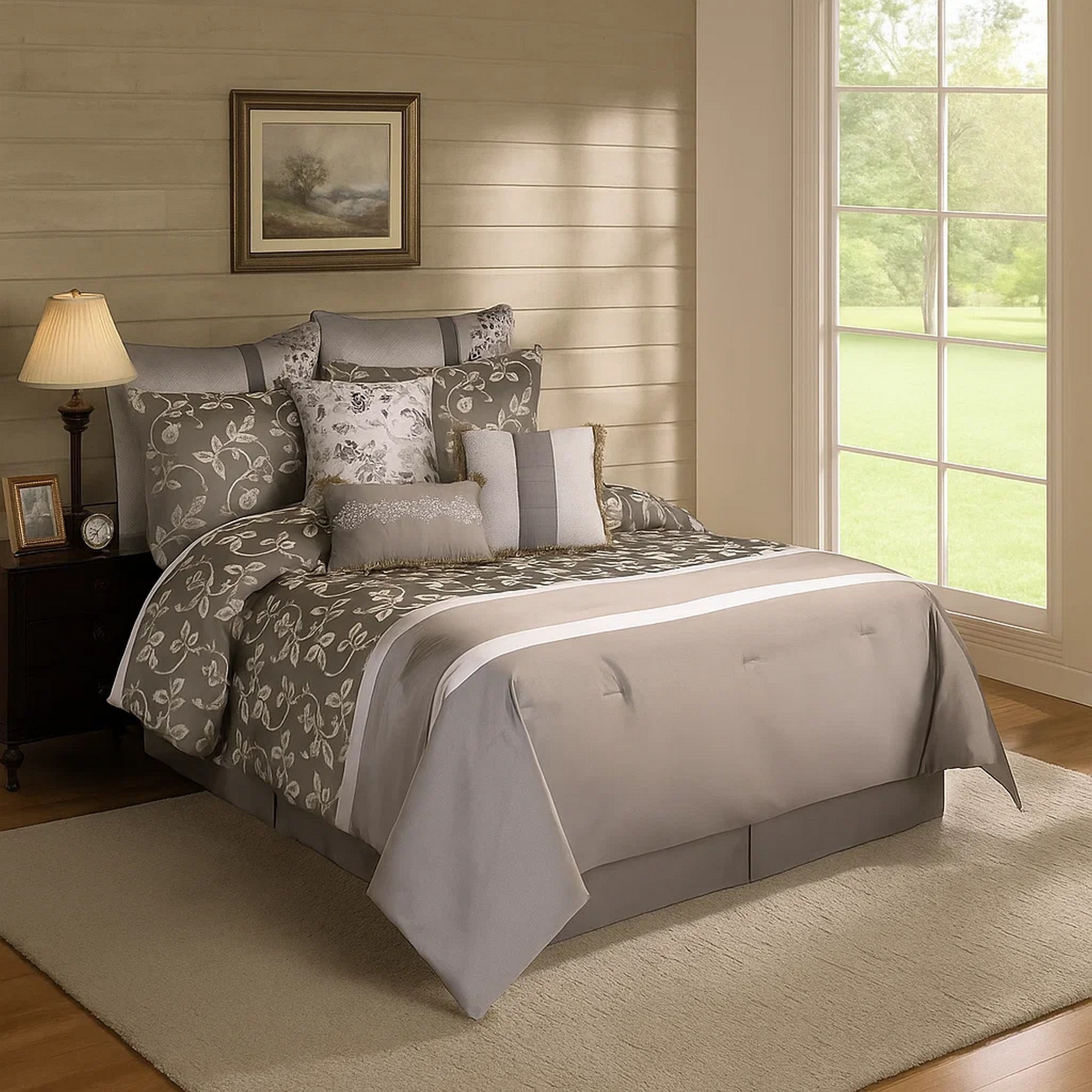Benjara 10 Piece King Polyester Comforter Set with Leaf Print, Platinum Gray