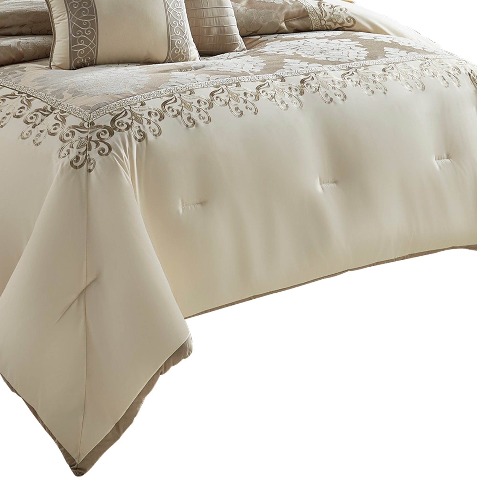 Benjara 10 Piece King Polyester Comforter Set with Damask Print, Cream And Gold