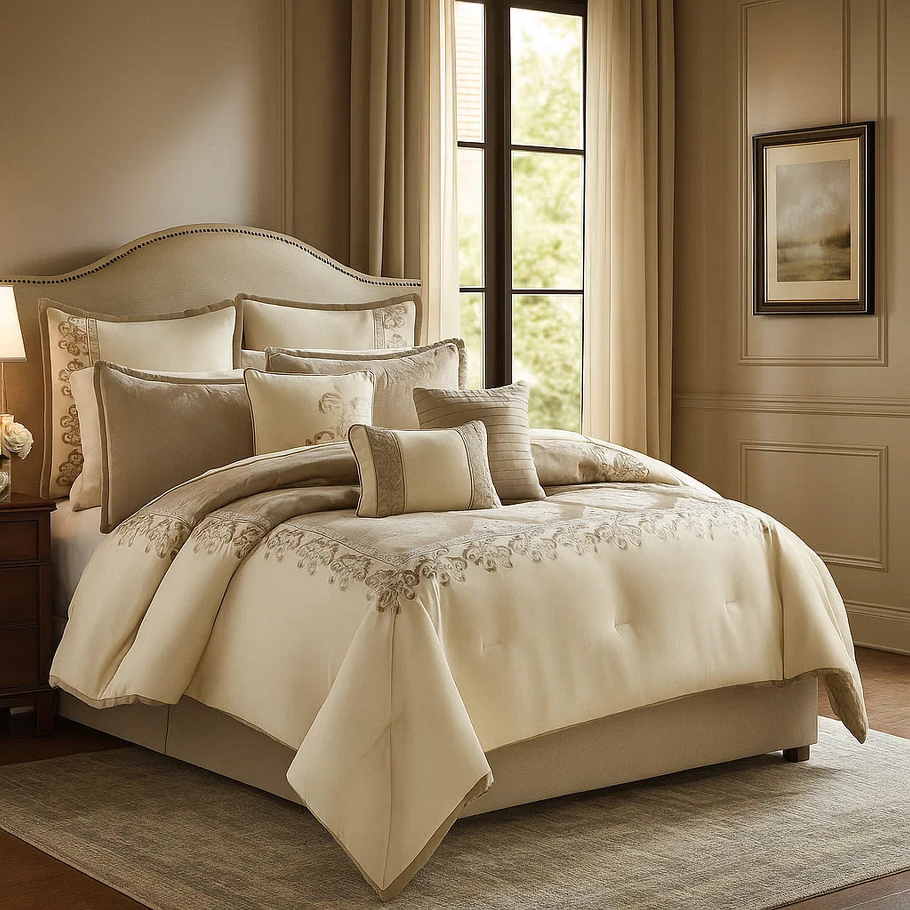 Benjara 10 Piece King Polyester Comforter Set with Damask Print, Cream And Gold