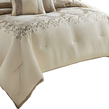 Benjara 9 Piece Queen Polyester Comforter Set with Damask Print, Cream And Gold