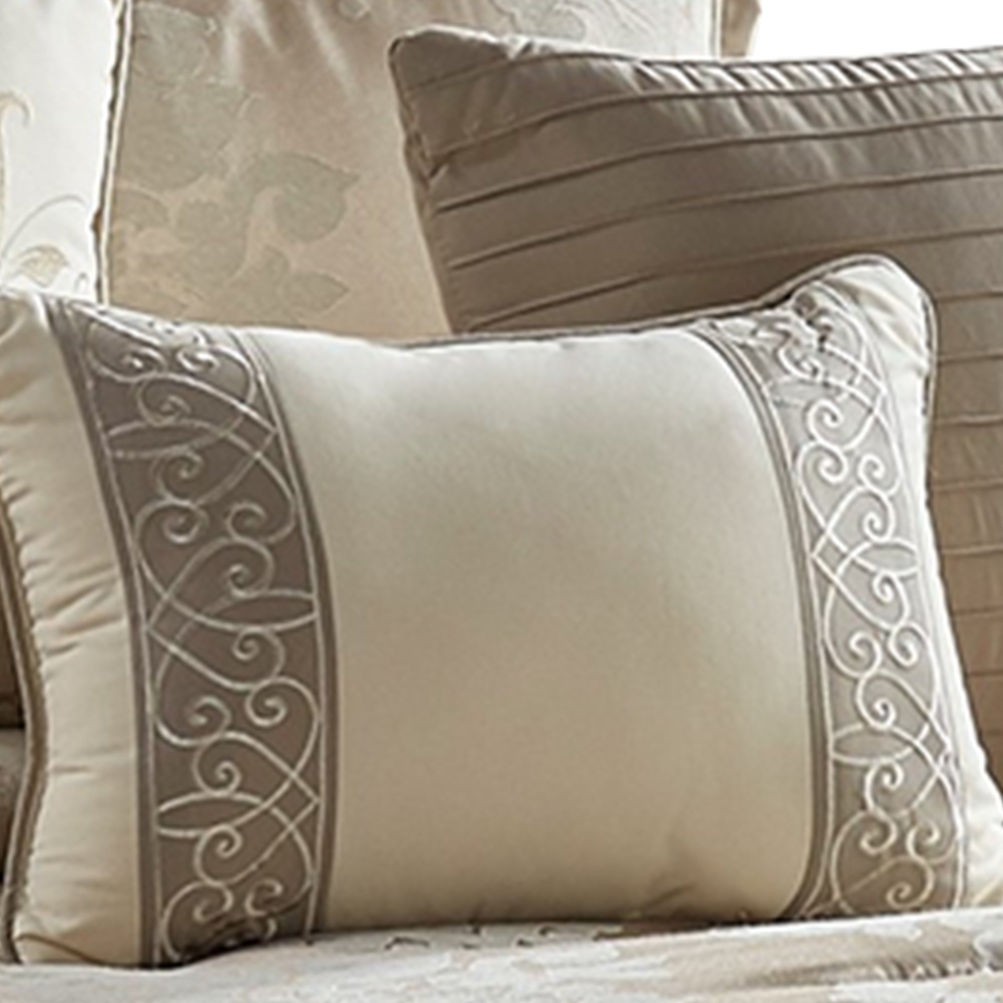 Benjara 9 Piece Queen Polyester Comforter Set with Damask Print, Cream And Gold
